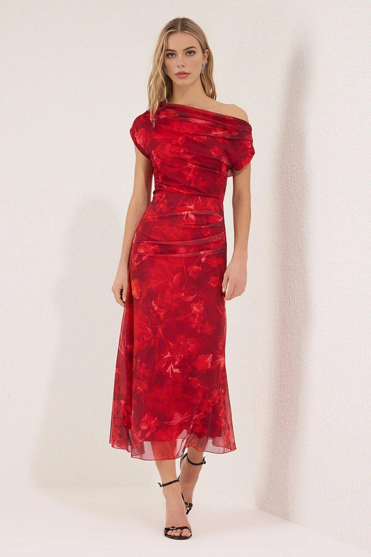 Floral Mesh Bardot Midi Dress with Draped Detail by WOVCOR