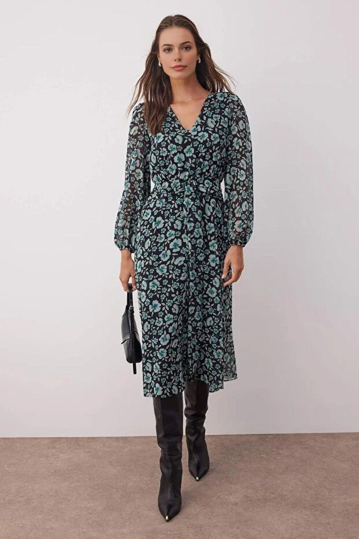 Floral Print A-Line Boho Midi Woven Dress by WOVCOR