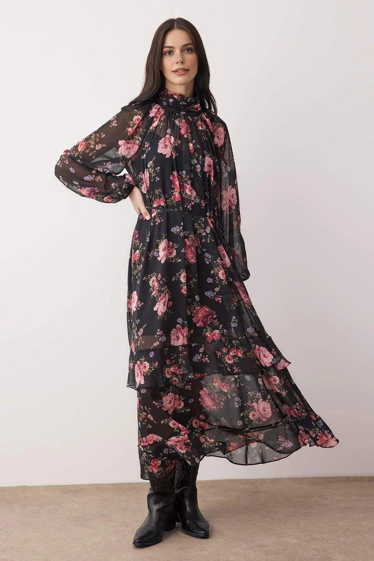 Floral Print Lined Chiffon Maxi Dress by WOVCOR