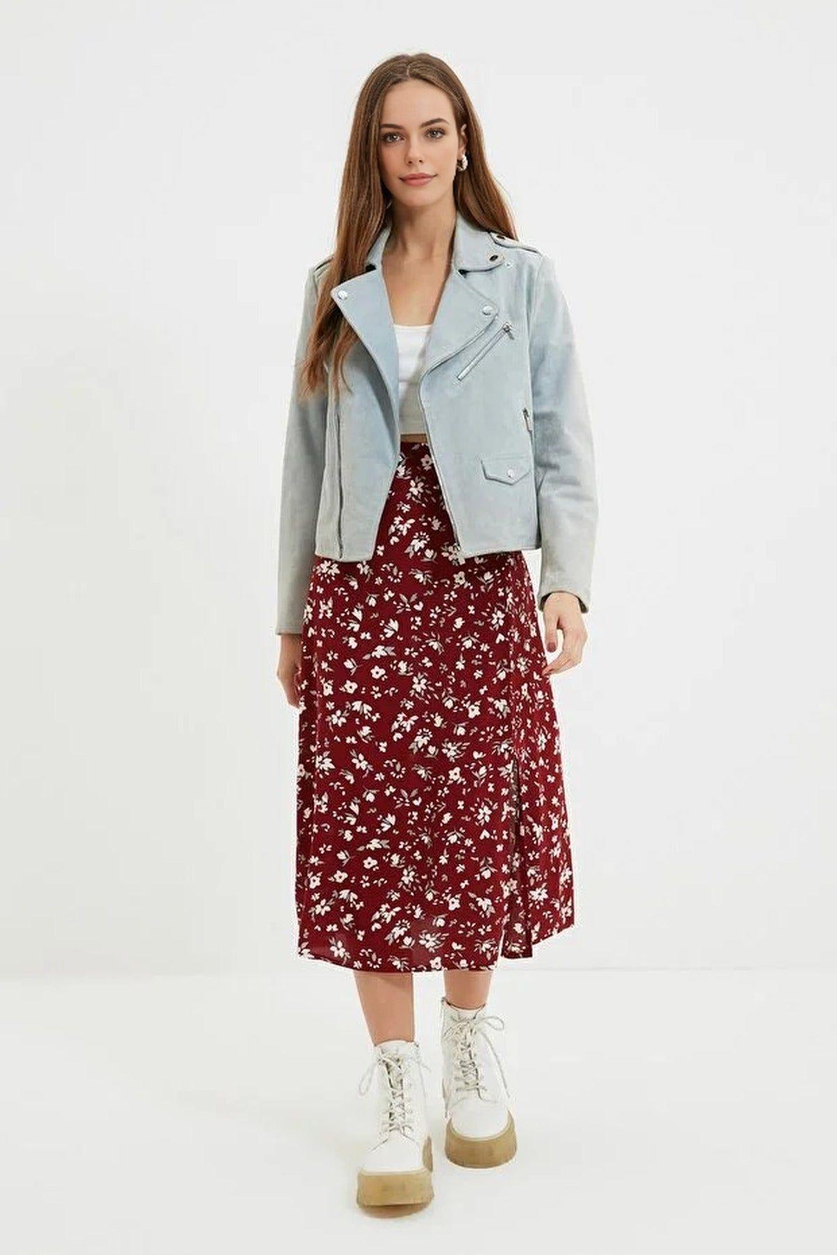 Floral Print Midi Skirt with Side Slit by WOVCOR