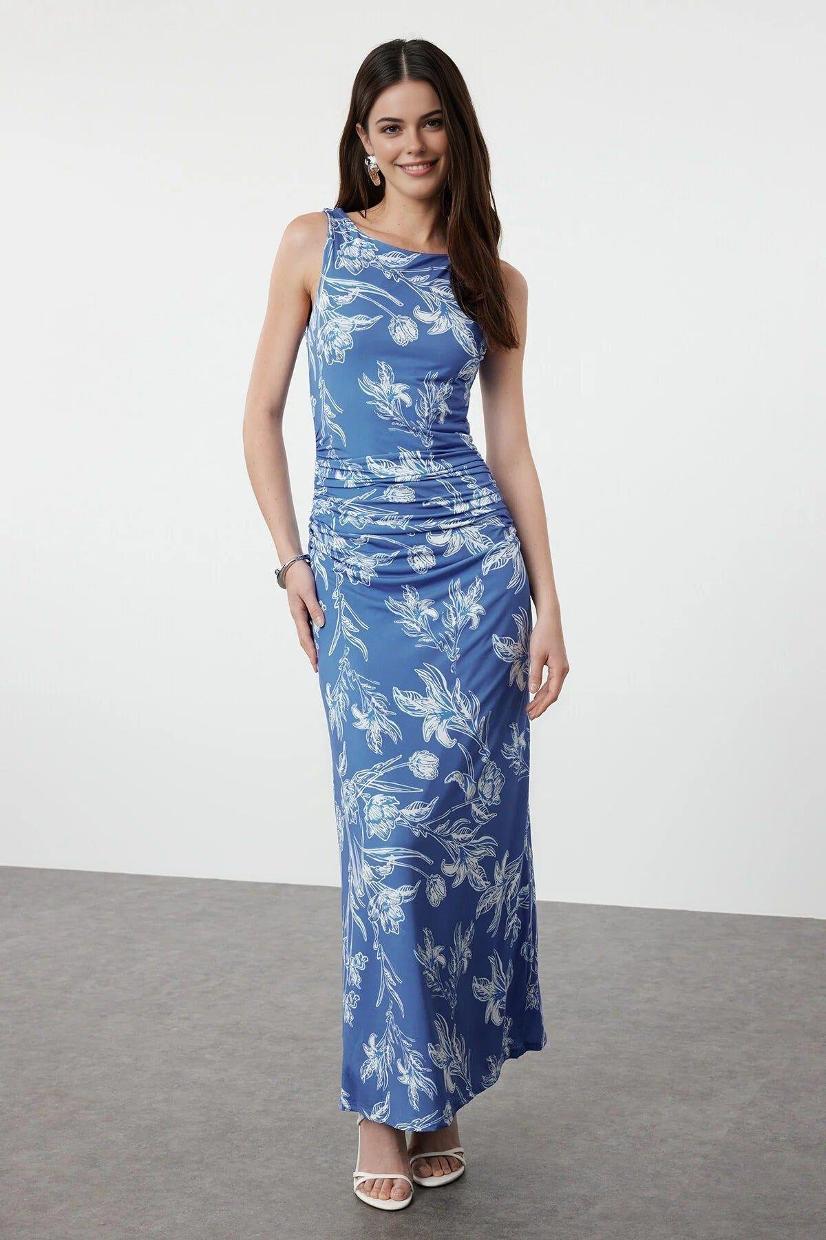 Floral Print Ruched Sleeveless Maxi Dress by WOVCOR