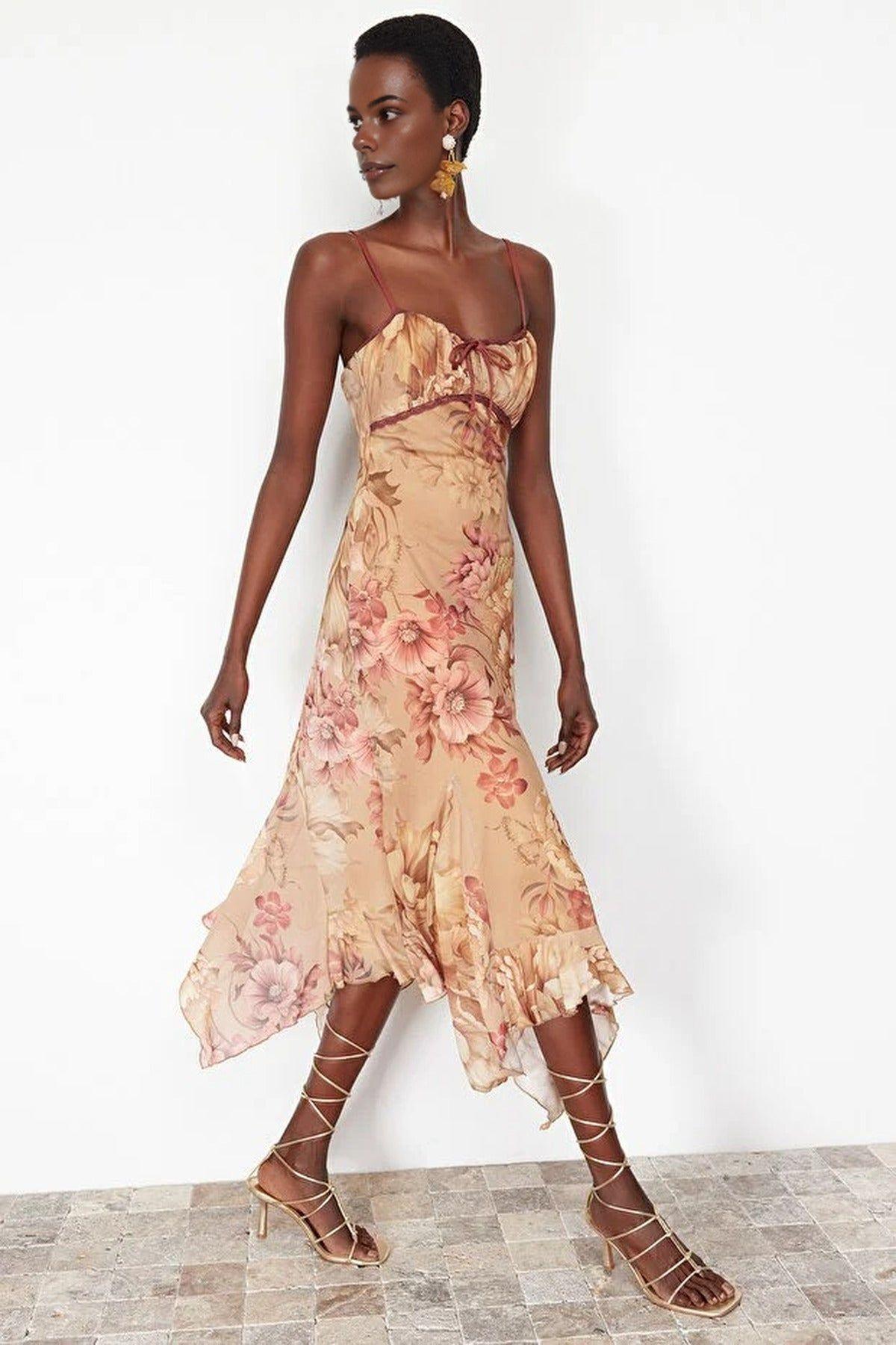 Floral Print Ruffle Hem A-Line Midi Dress with Adjustable Straps by WOVCOR