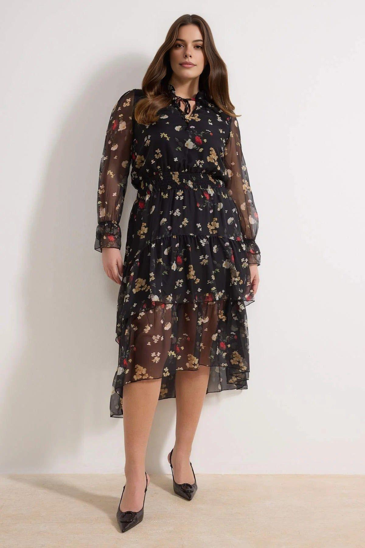 Floral Print Sheer Sleeve High-Low Midi Dress with Tie Neck by WOVCOR