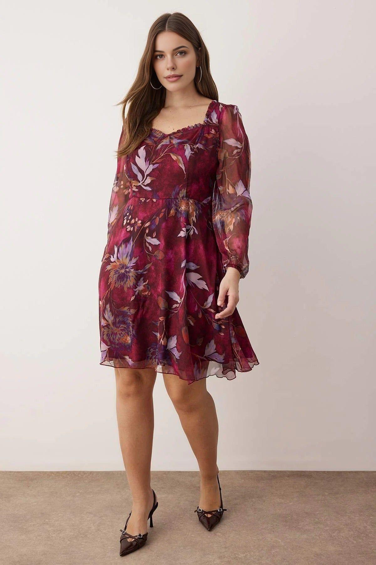 Floral Print Sheer Sleeve Mini Dress with Ruched Neckline by WOVCOR