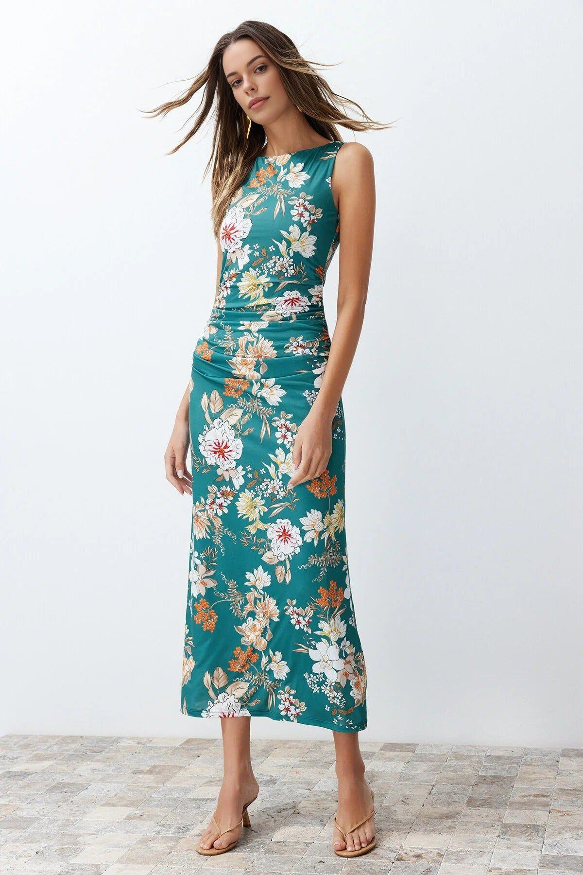Floral Print Sleeveless Ruched Waist Midi Dress by WOVCOR