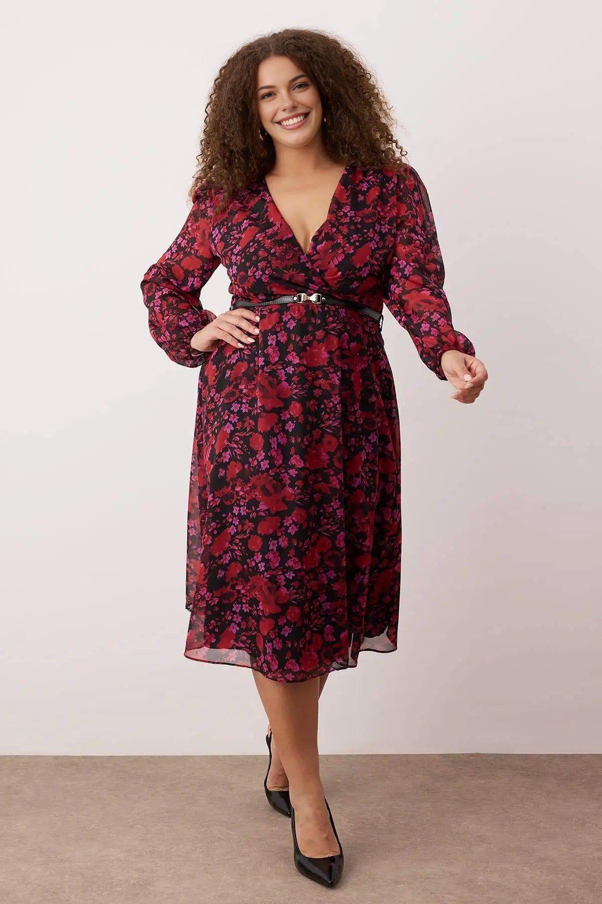Floral Print V Neck Belted Midi Wrap Dress by WOVCOR