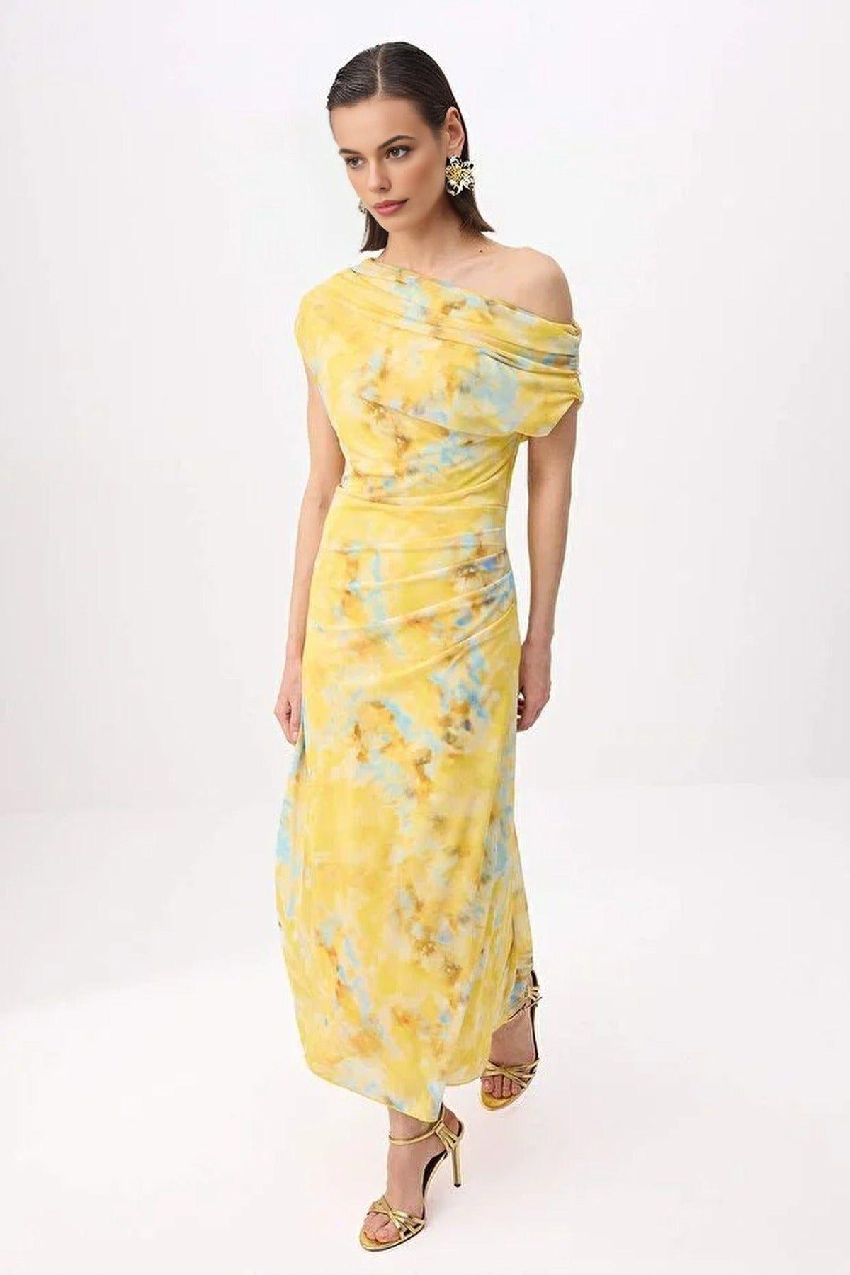 Floral Printed One Shoulder Draped Maxi Dress with Bodycon Fit by WOVCOR