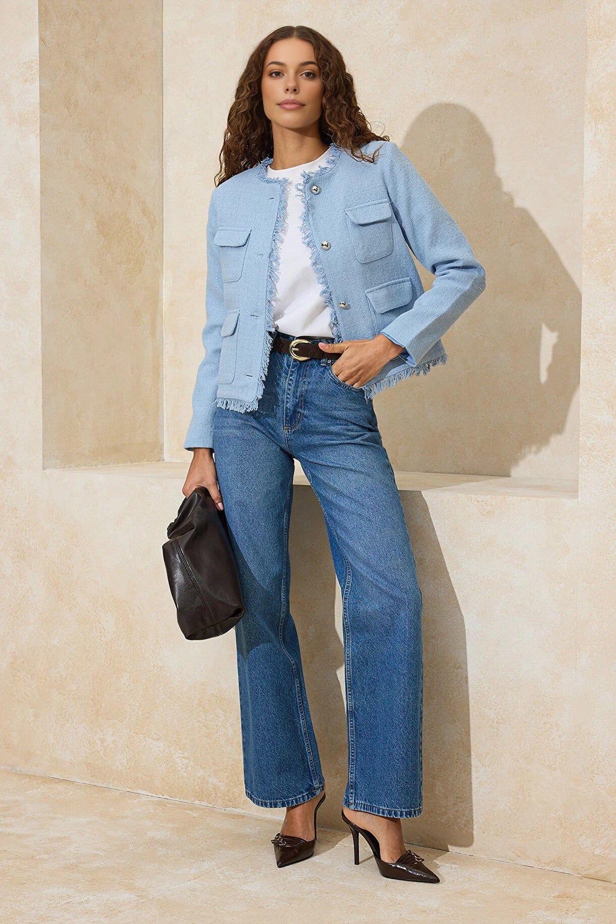 Frayed Trim Button Front Textured Tailored Jacket by WOVCOR Frayed Trim Button Front Textured Tailored Jacket by WOVCOR