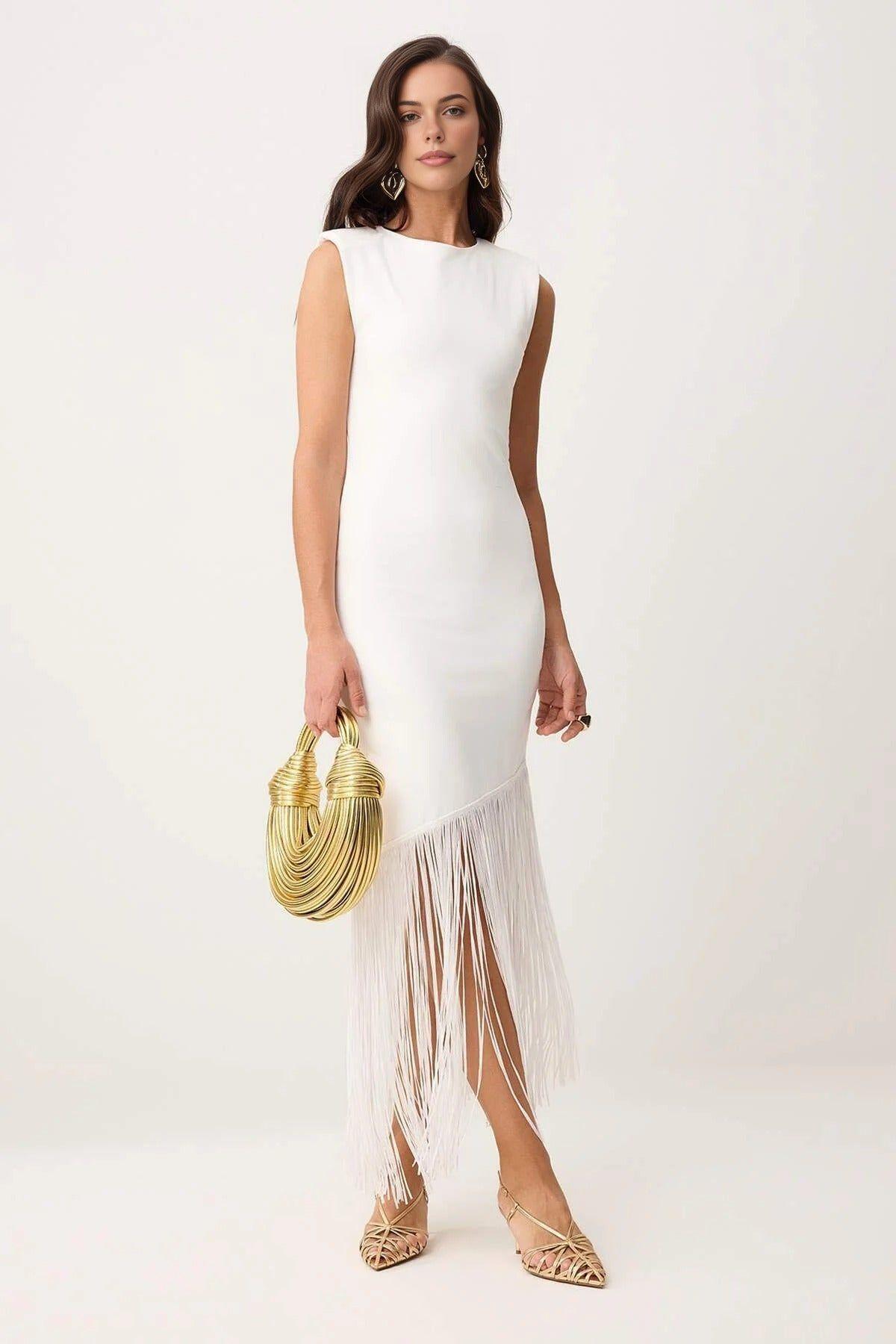 Fringe Hem Sleeveless Bodycon Midi Evening Dress by WOVCOR