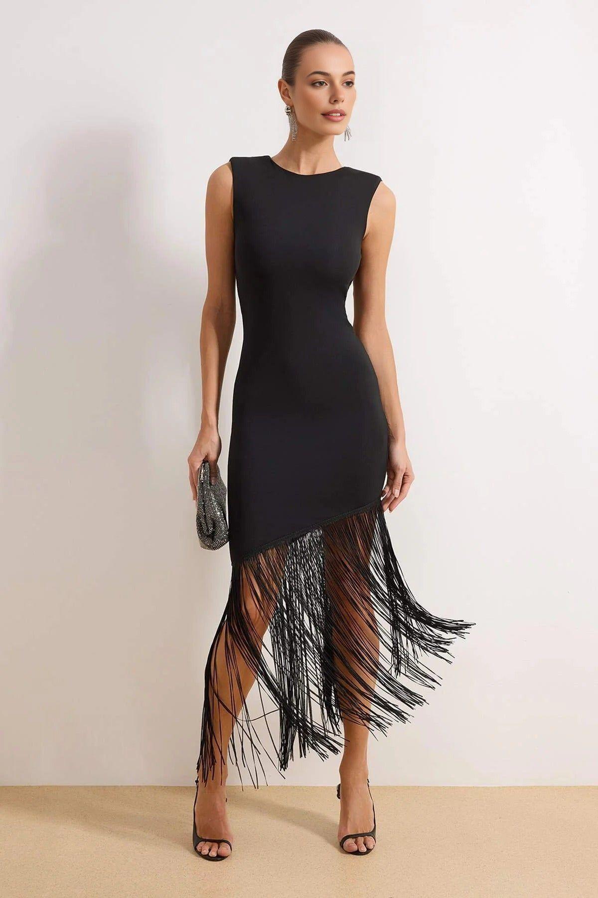 Fringe Hem Sleeveless Bodycon Midi Evening Dress by WOVCOR