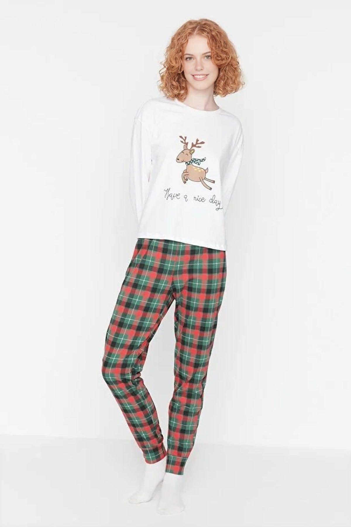 Gingerbread Print Long Sleeve Top & Checked Lounge Pyjama Set by WOVCOR