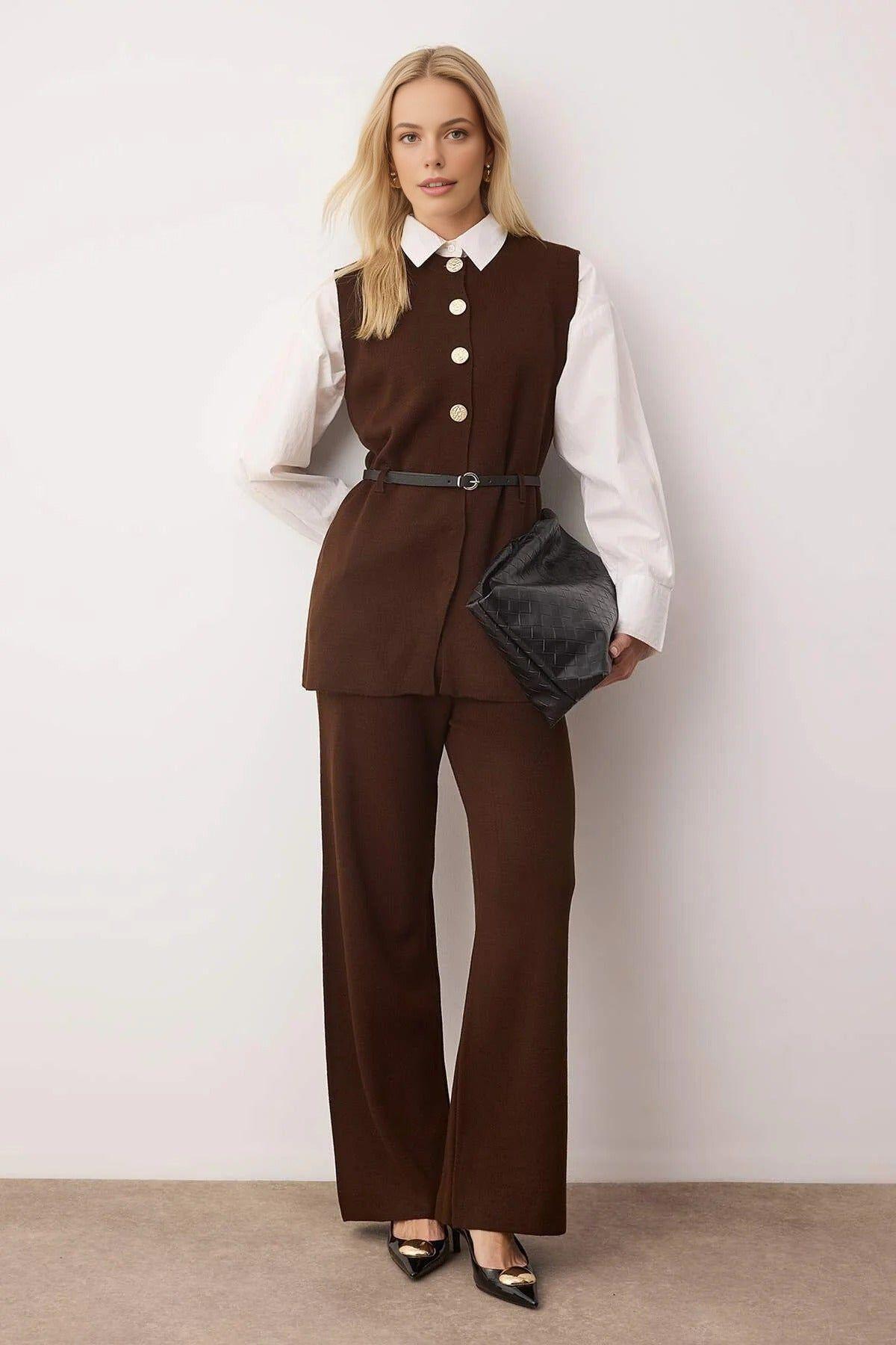 Gold Button Belt Detail Knit Top and Wide Leg Trouser Co-Ord Set by WOVCOR