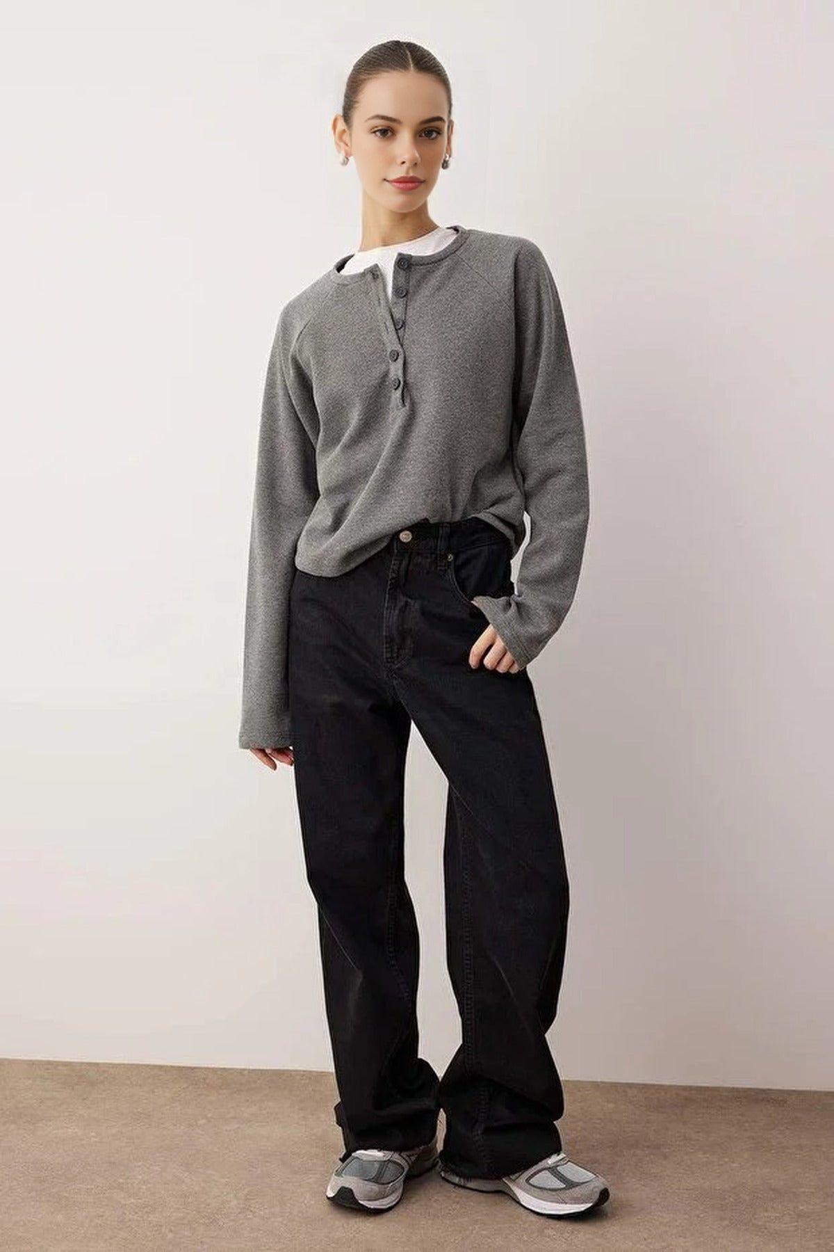Half Placket Thick Knit Blouse with Button Detail by WOVCOR