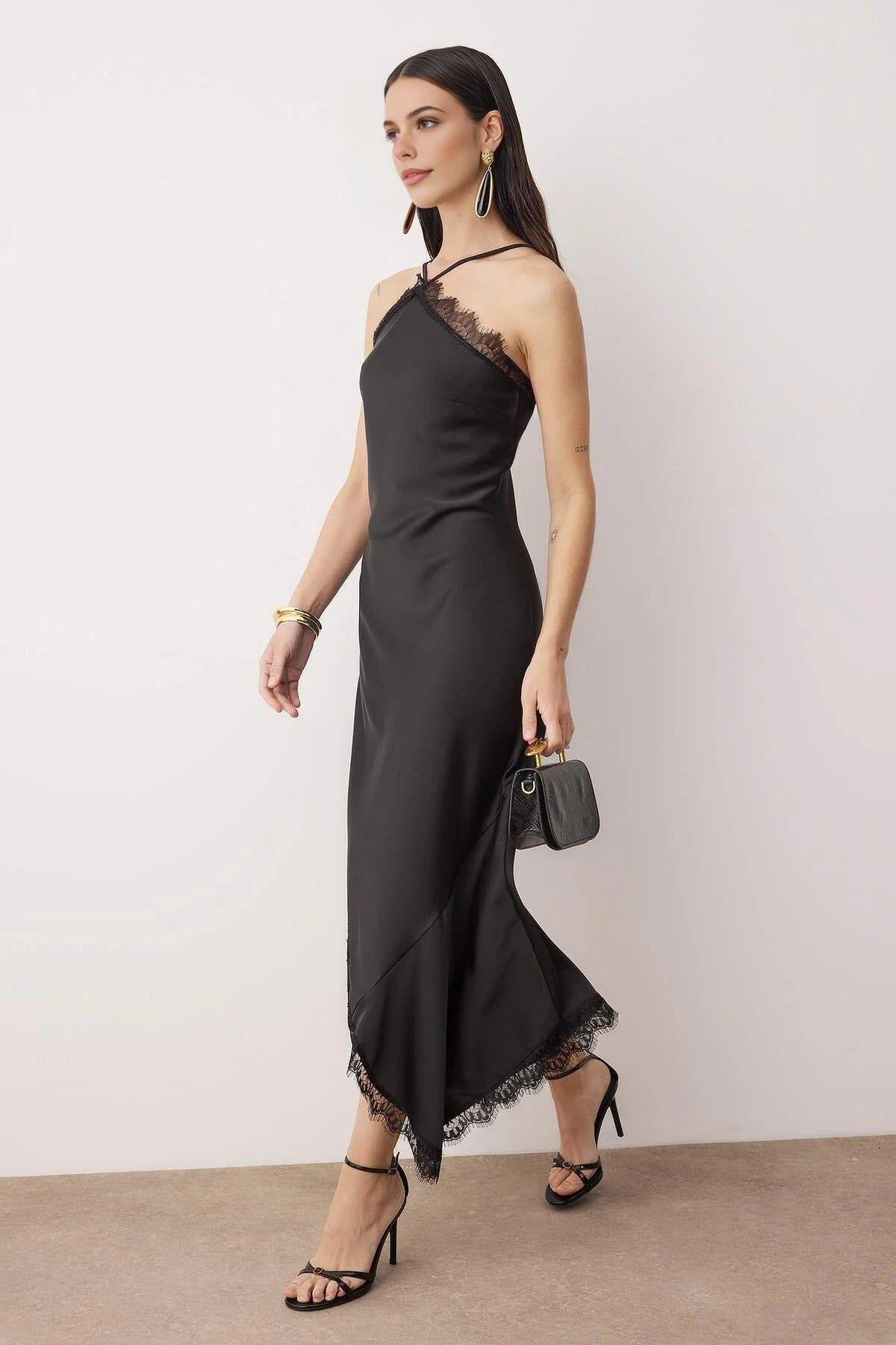 Halter Neck Lace Trim Satin Midi Evening Dress by WOVCOR