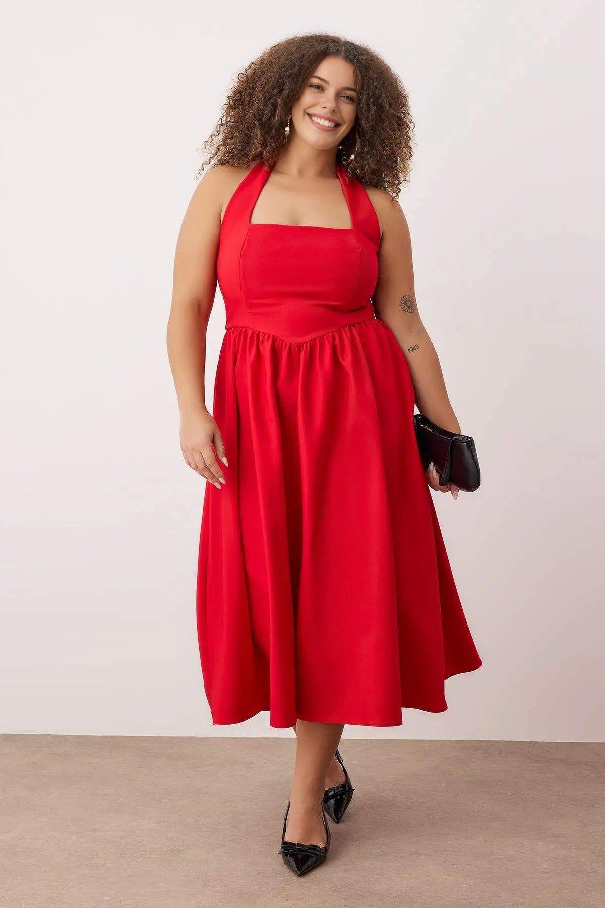 Halter Neck Square Neck Midi Dress with Gathered Skirt by WOVCOR
