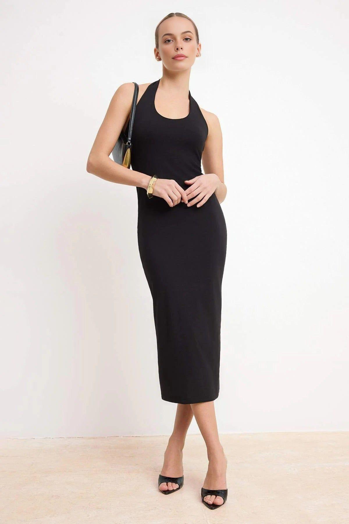 Halterneck Bodycon Midi Dress with Sleek Contoured Fit by WOVCOR