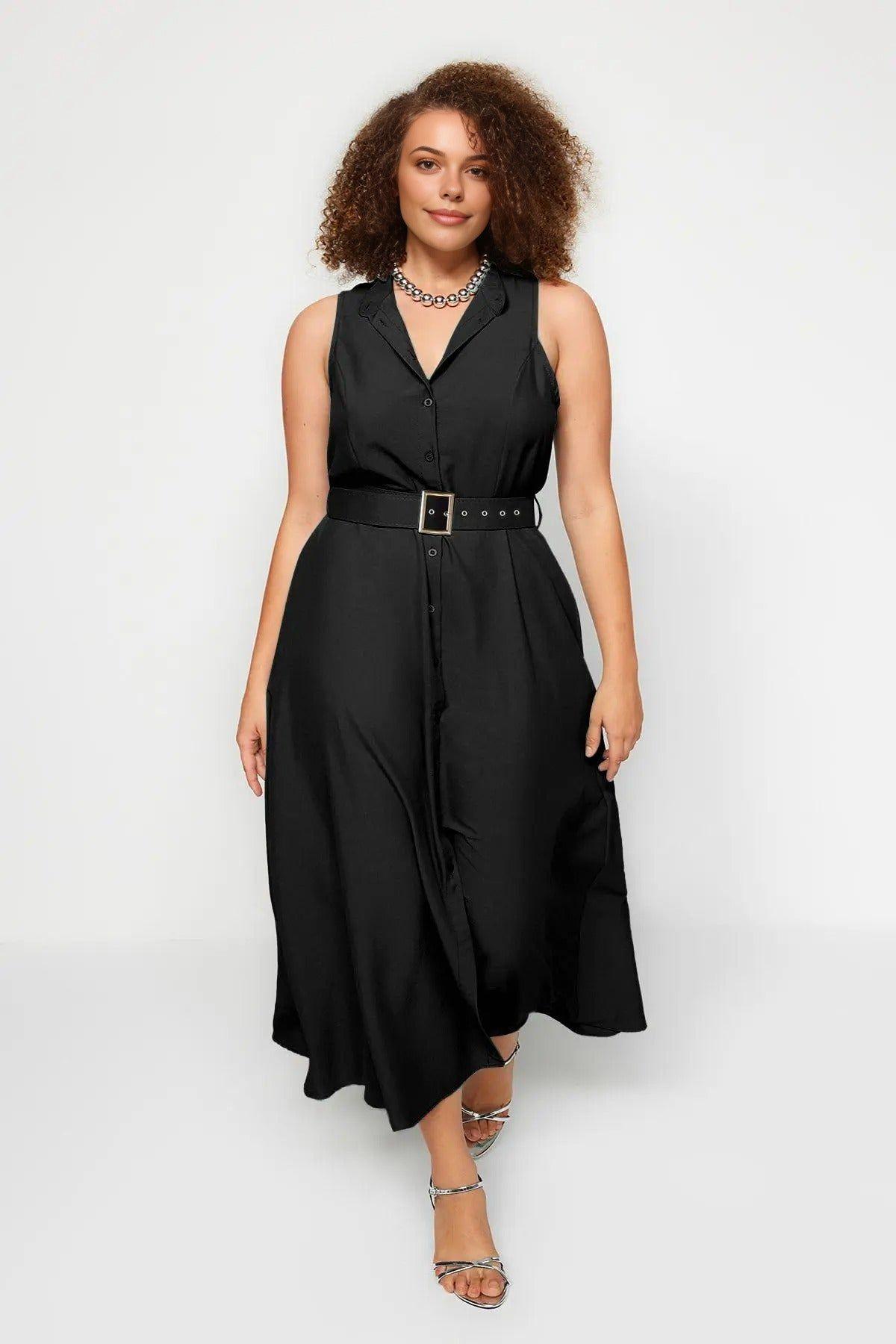 High Neck Belted Button Front Midi Dress by WOVCOR