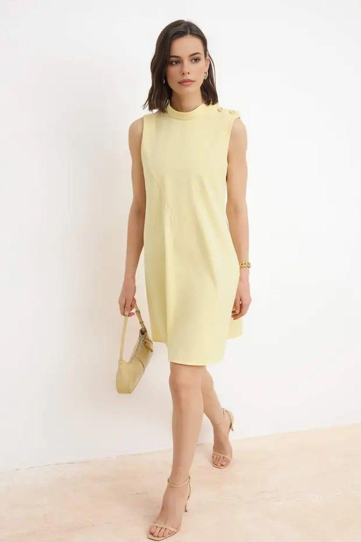 High Neck Button Detail Sleeveless Mini A-Line Dress by WOVCOR