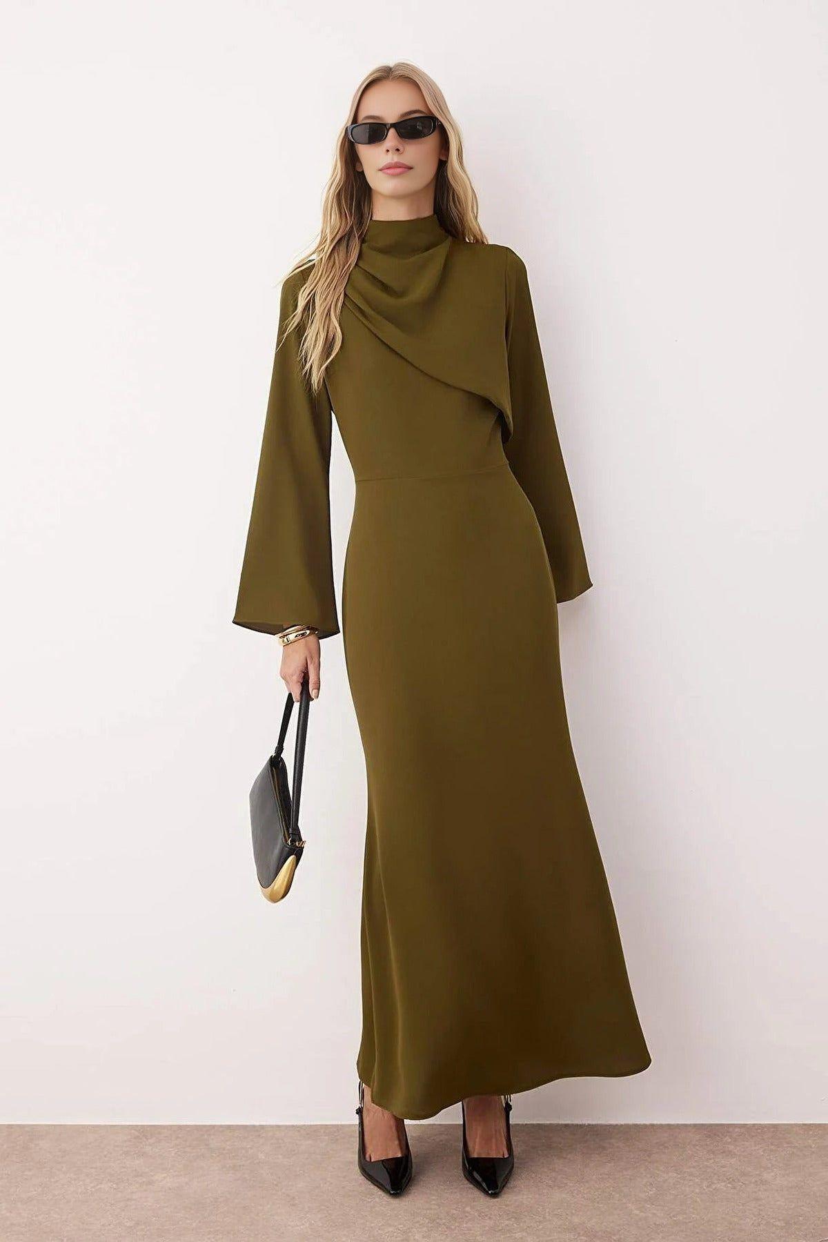 High Neck Draped Detail Elegant Maxi Dress with Flared Sleeves by WOVCOR