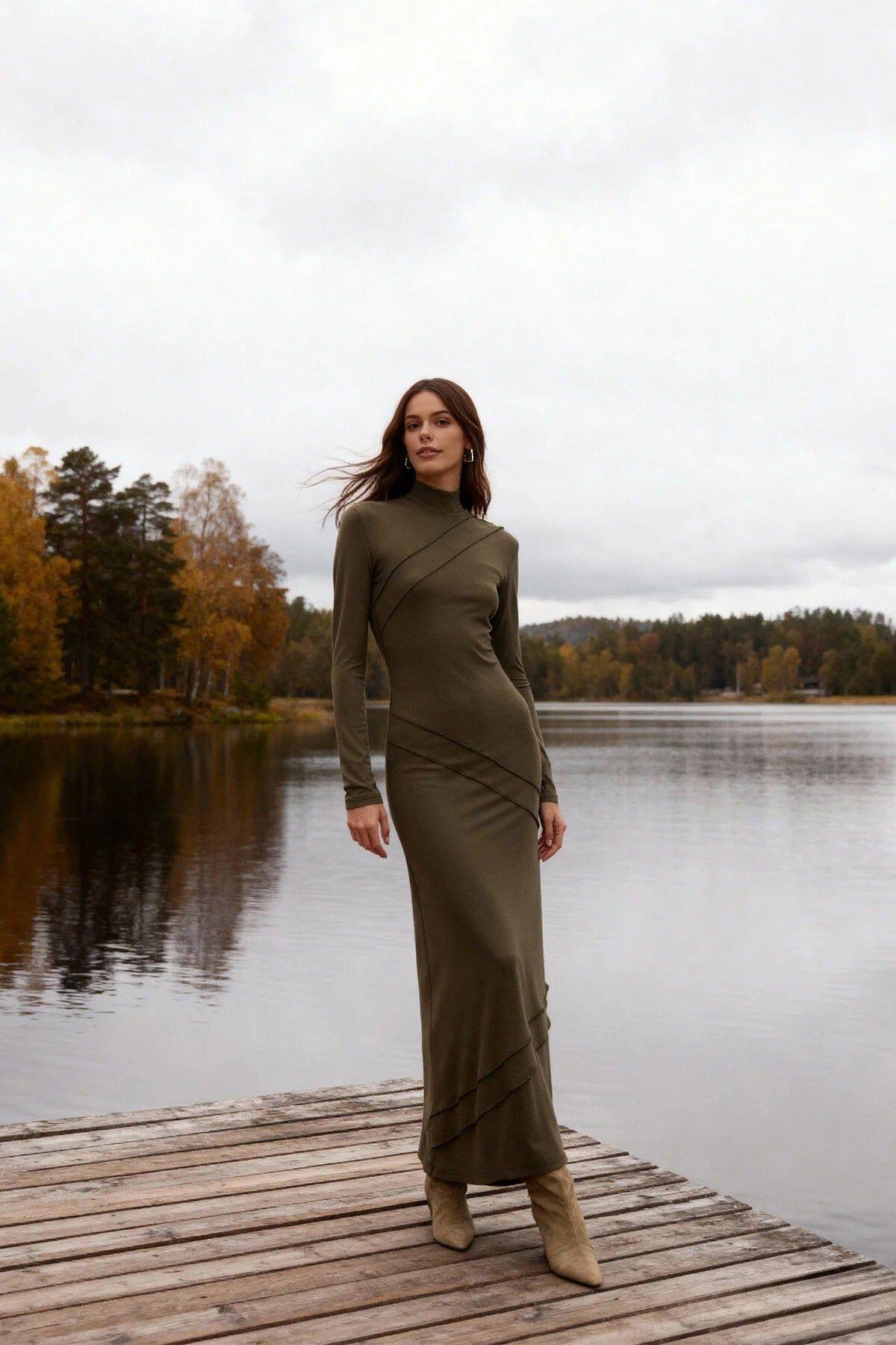 High Neck Long Sleeve Panel Detail Maxi Dress by WOVCOR