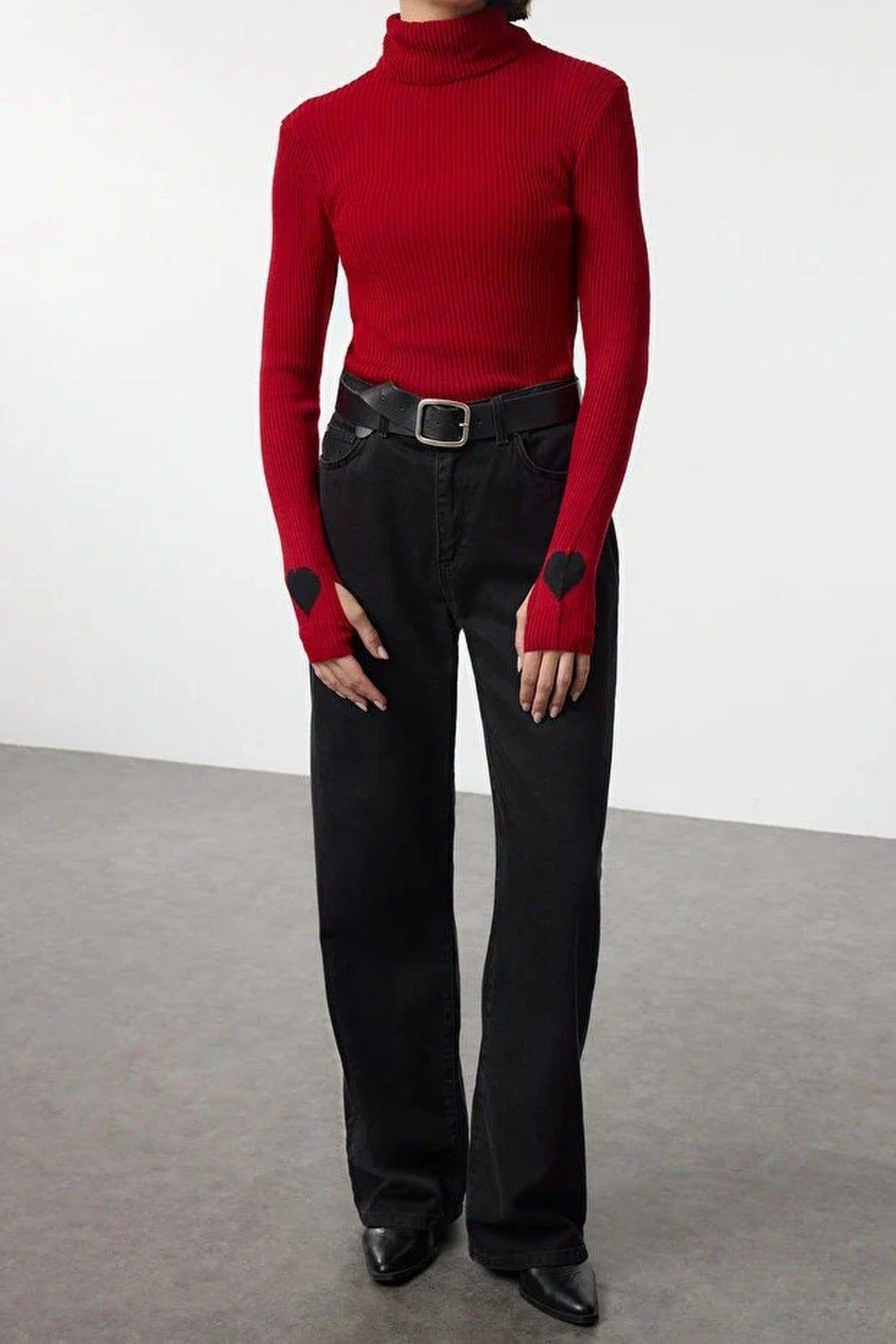 High Neck Ribbed Knit Sweater with Sleeve Motif Detail by WOVCOR