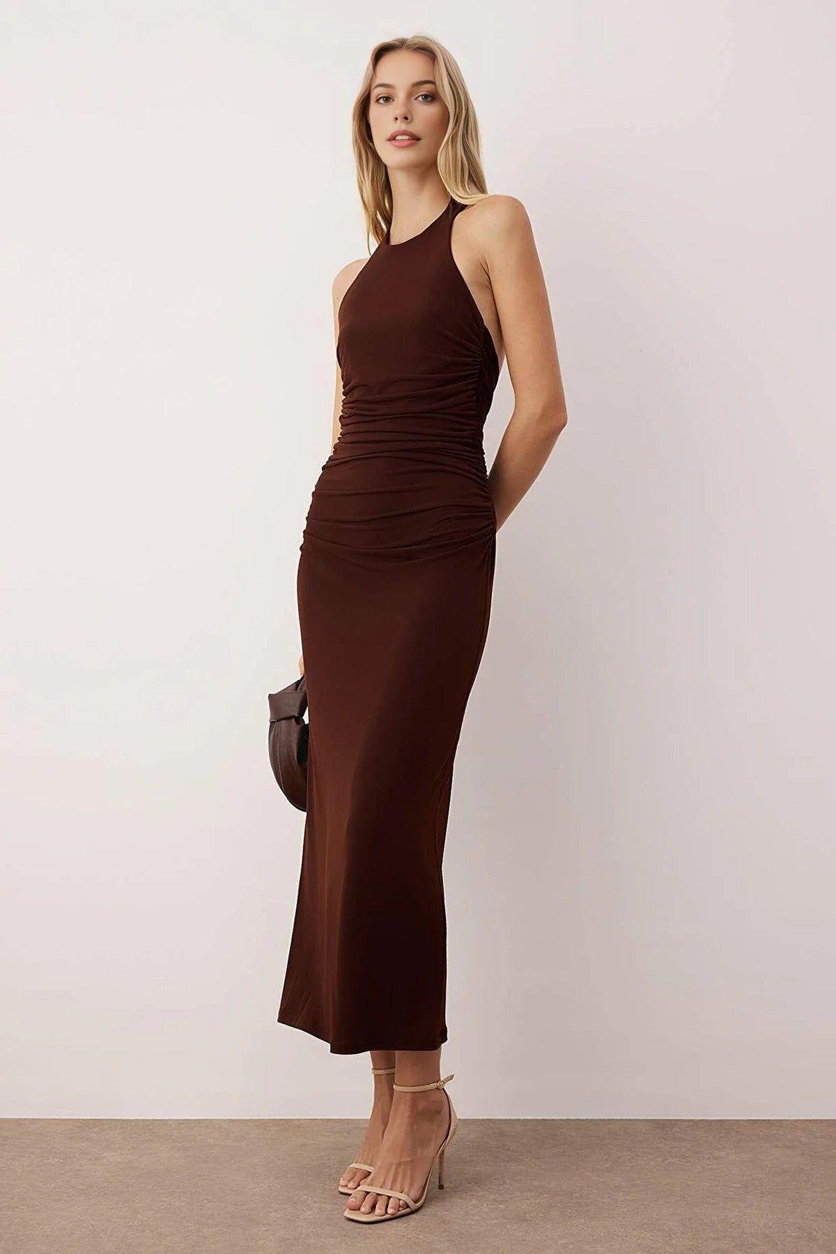 High Neck Ruched Sleeveless Bodycon Maxi Dress by WOVCOR
