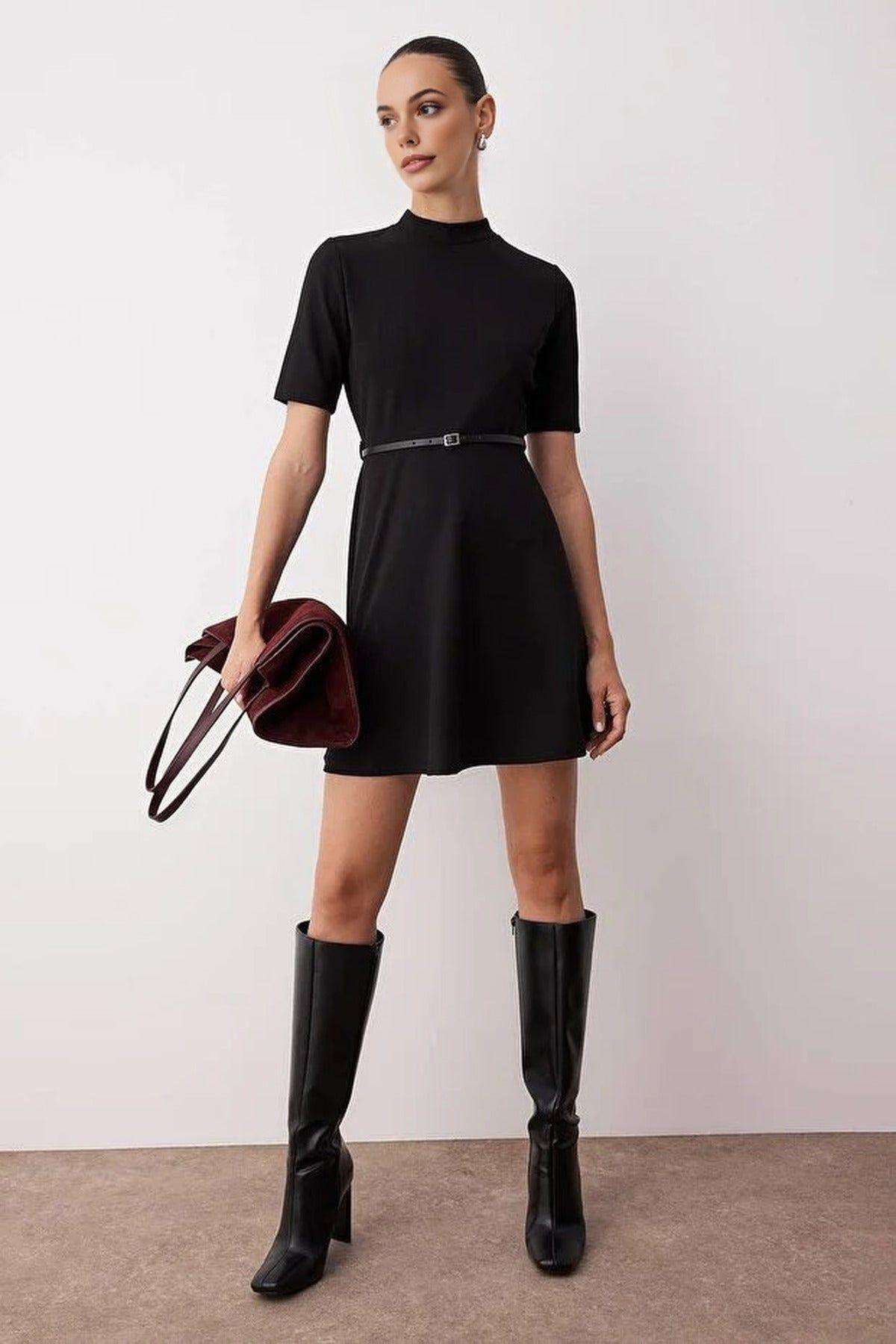 High Neck Skater Mini Knit Dress with Short Sleeves by WOVCOR