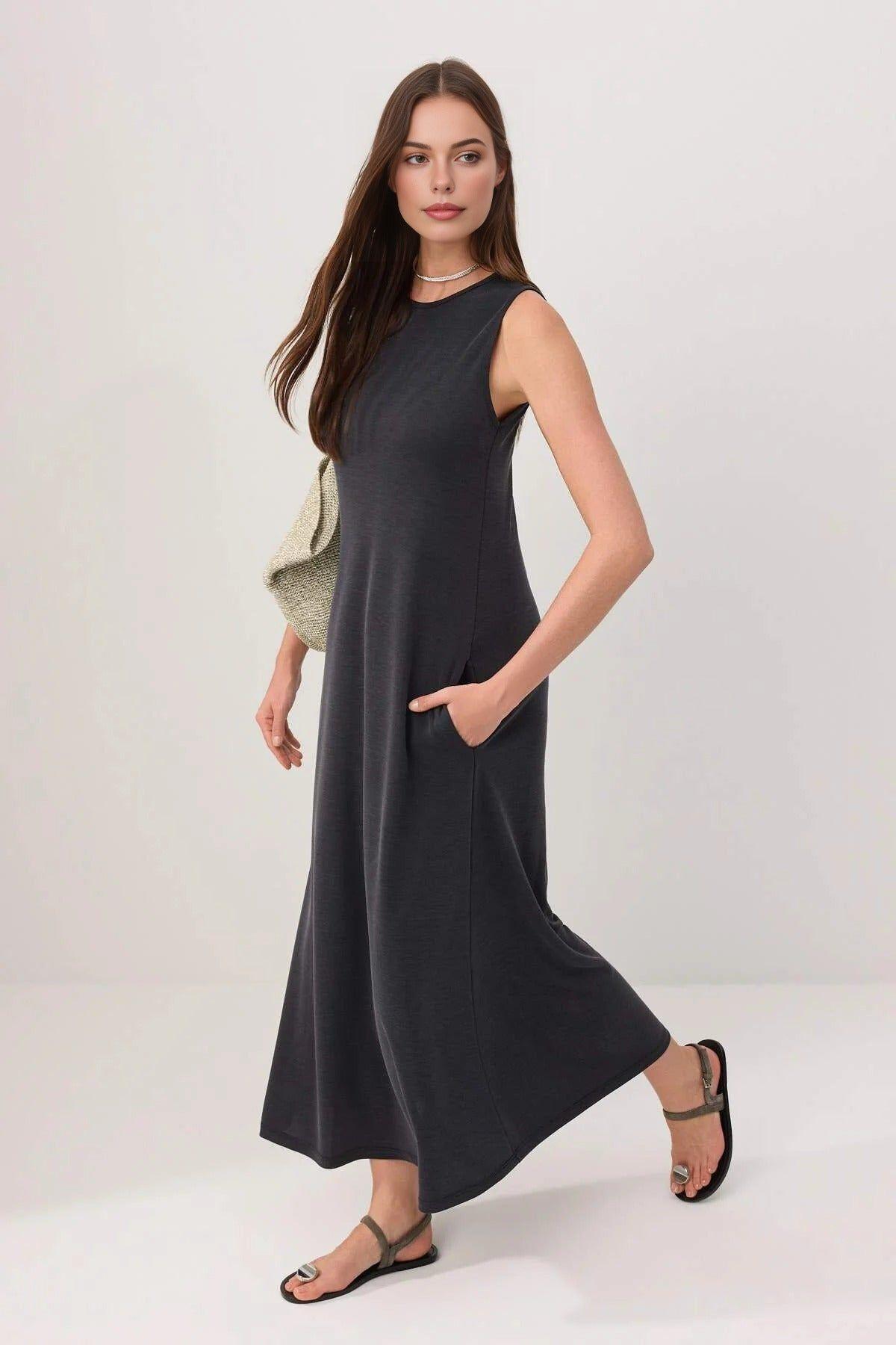 High Neck Sleeveless A-Line Midi Dress by WOVCOR