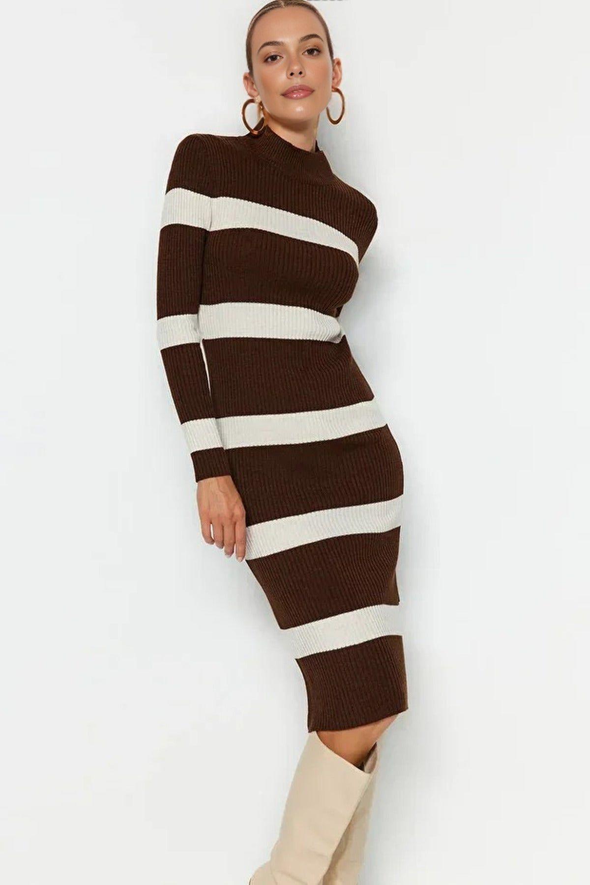 High Neck Striped Ribbed Long Sleeve Midi Knit Dress by WOVCOR