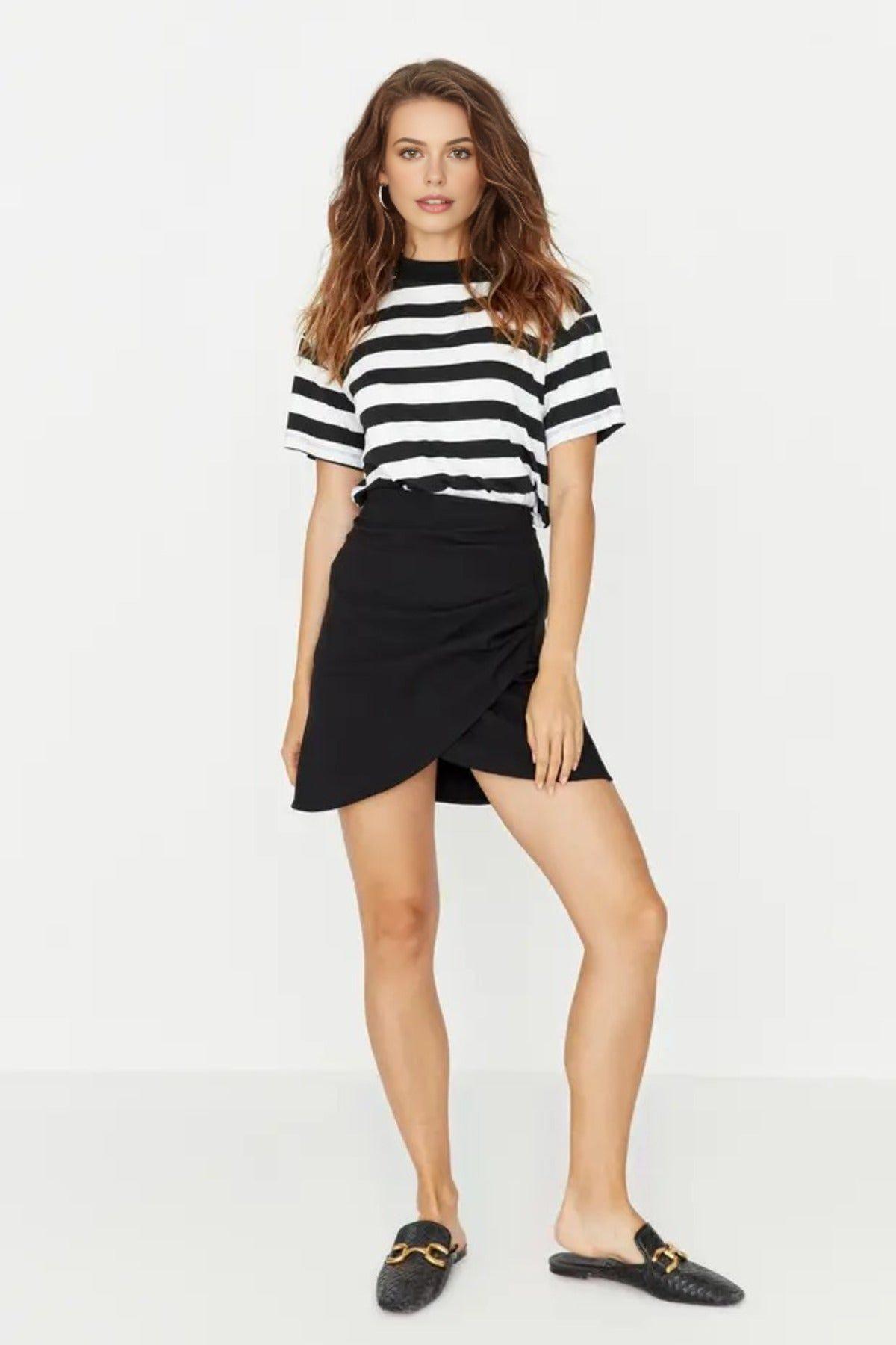 High Waist Asymmetric Wrap Mini Skirt with Draped Front Detail by WOVCOR