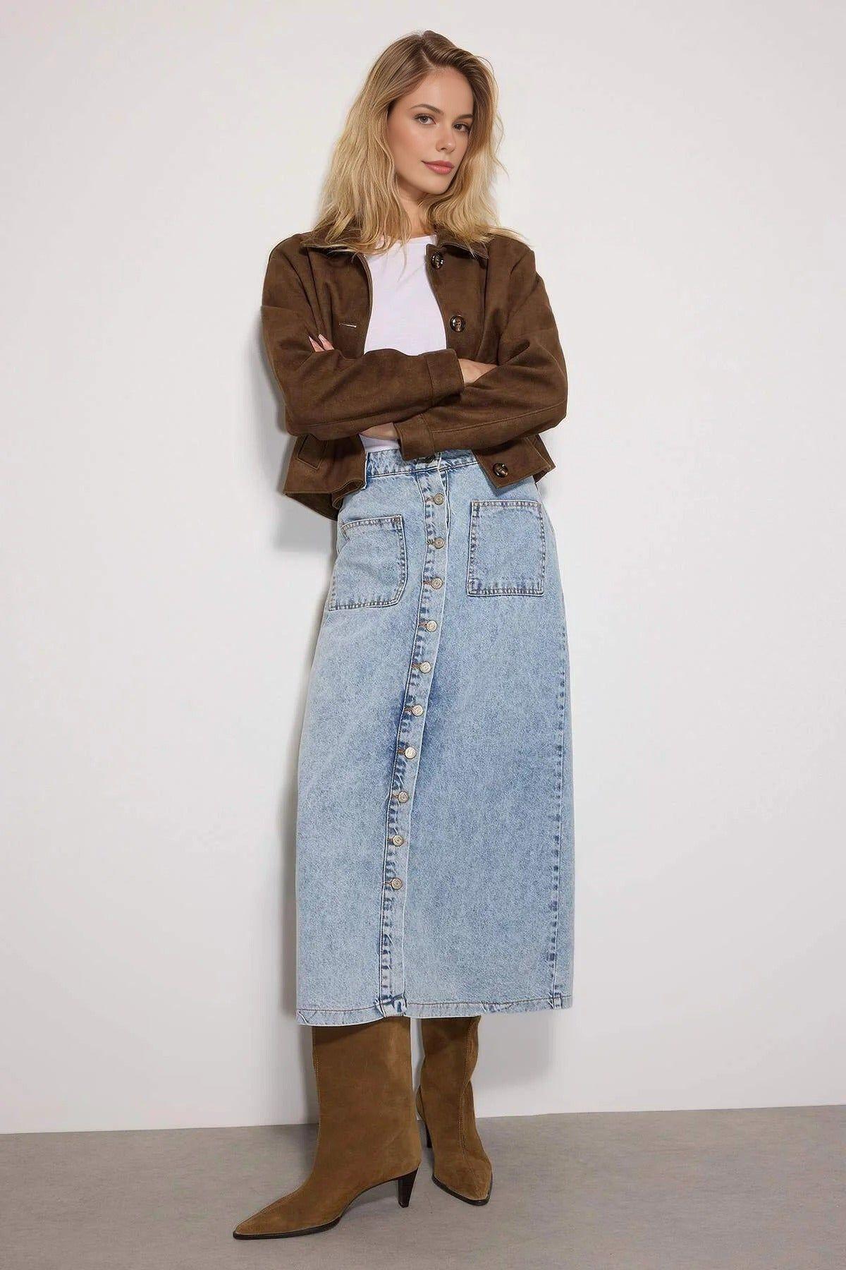High Waist Button Front Maxi Denim Skirt with Pockets by WOVCOR