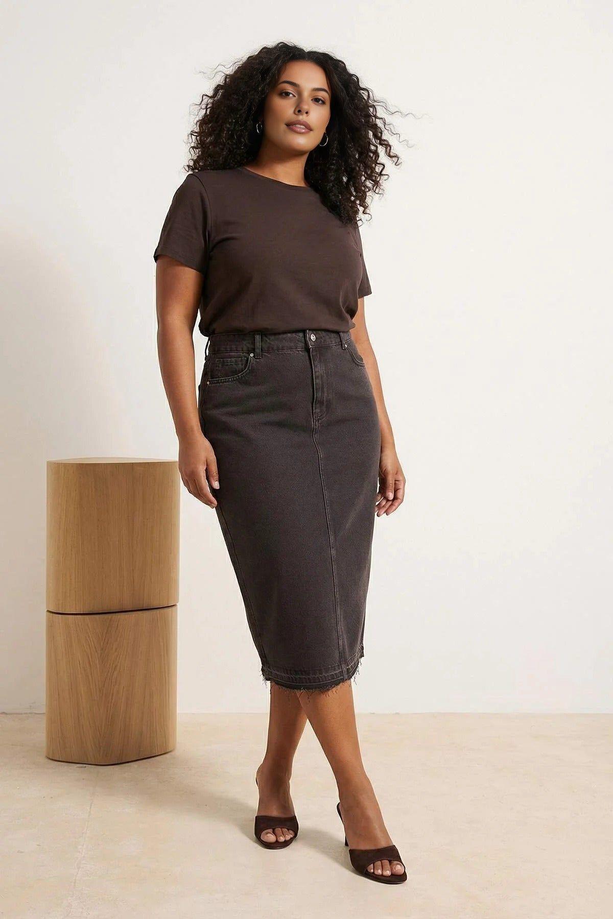 High Waist Denim Midi Skirt with Front Slit and Slim Fit by WOVCOR