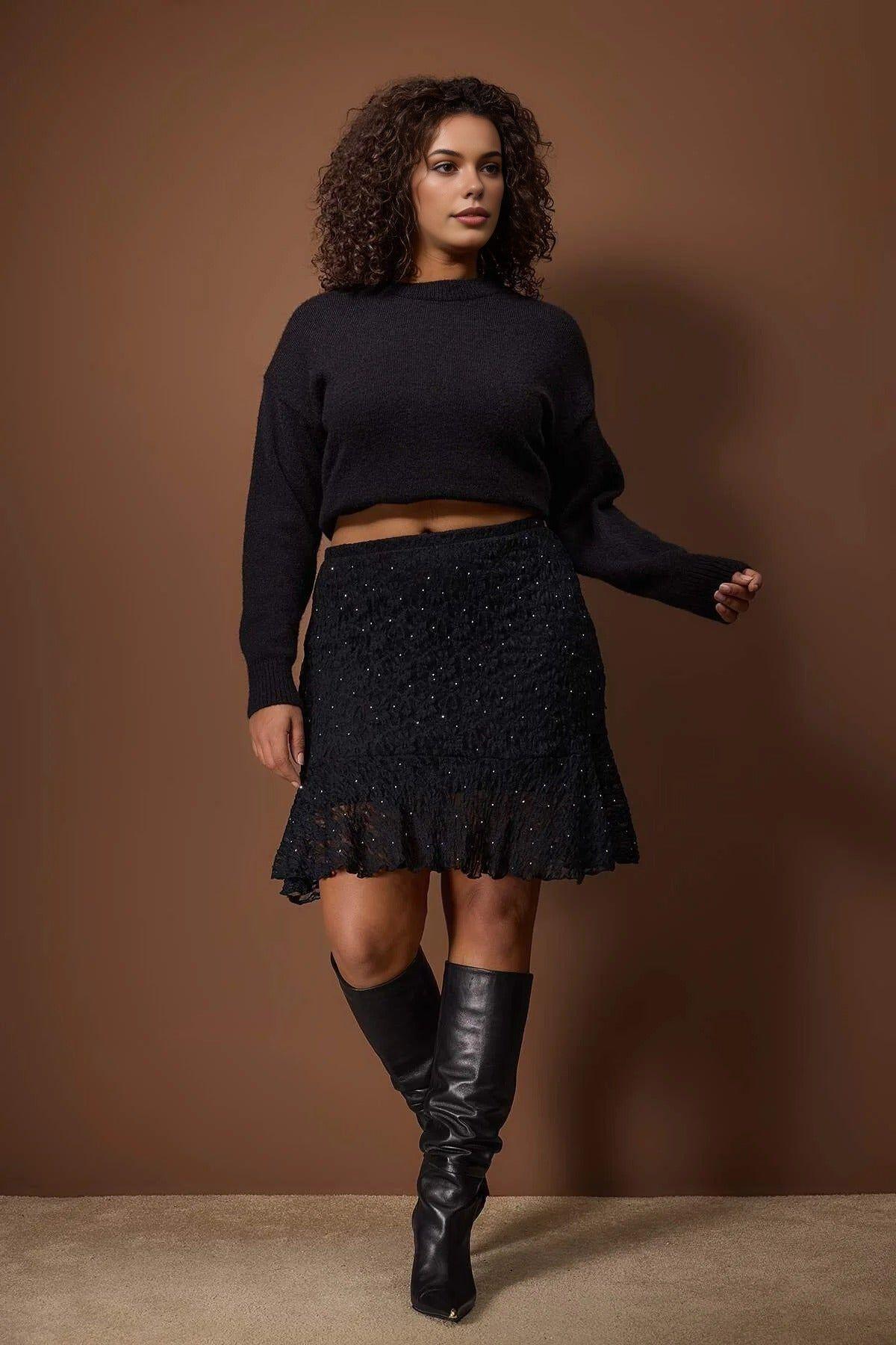 High Waist Embellished Mini Skirt with Ruffle Hem Detail by WOVCOR