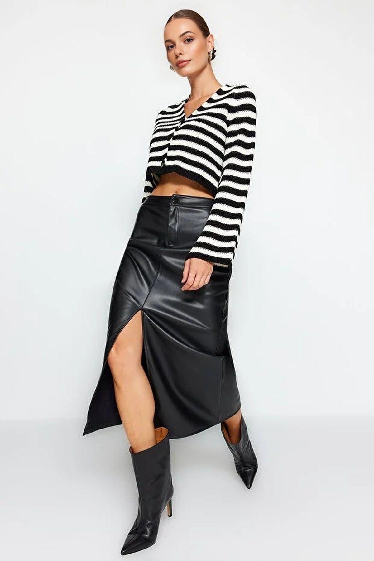 High Waist Faux Leather Maxi Skirt with Front Slit by WOVCOR