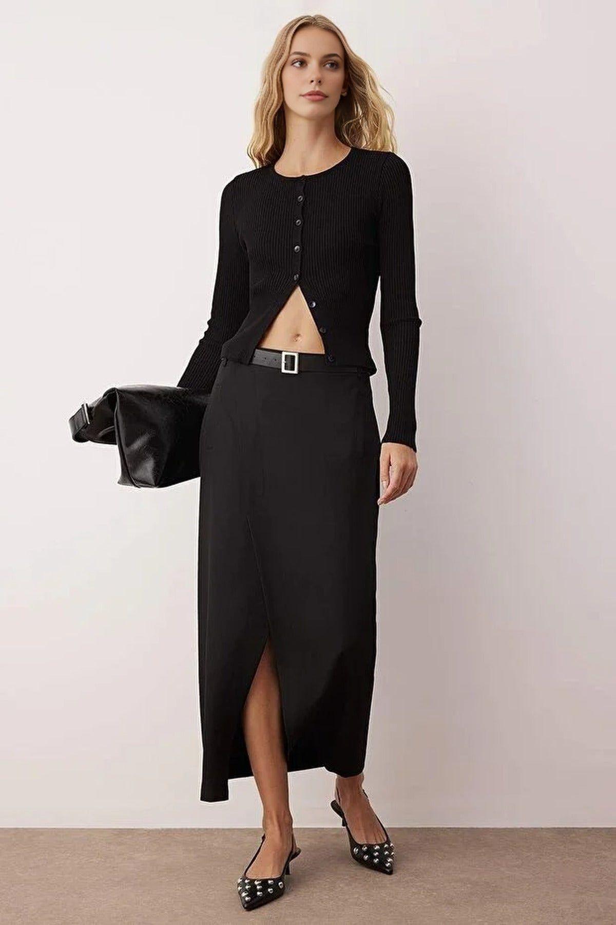 High Waist Maxi Woven Skirt with Front Slit Detail by WOVCOR