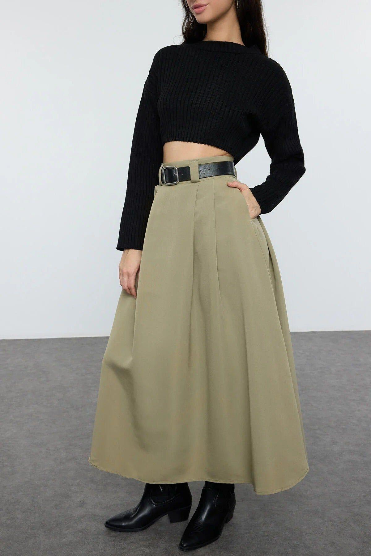 High-Waist Pleated Maxi A-Line Woven Skirt by WOVCOR