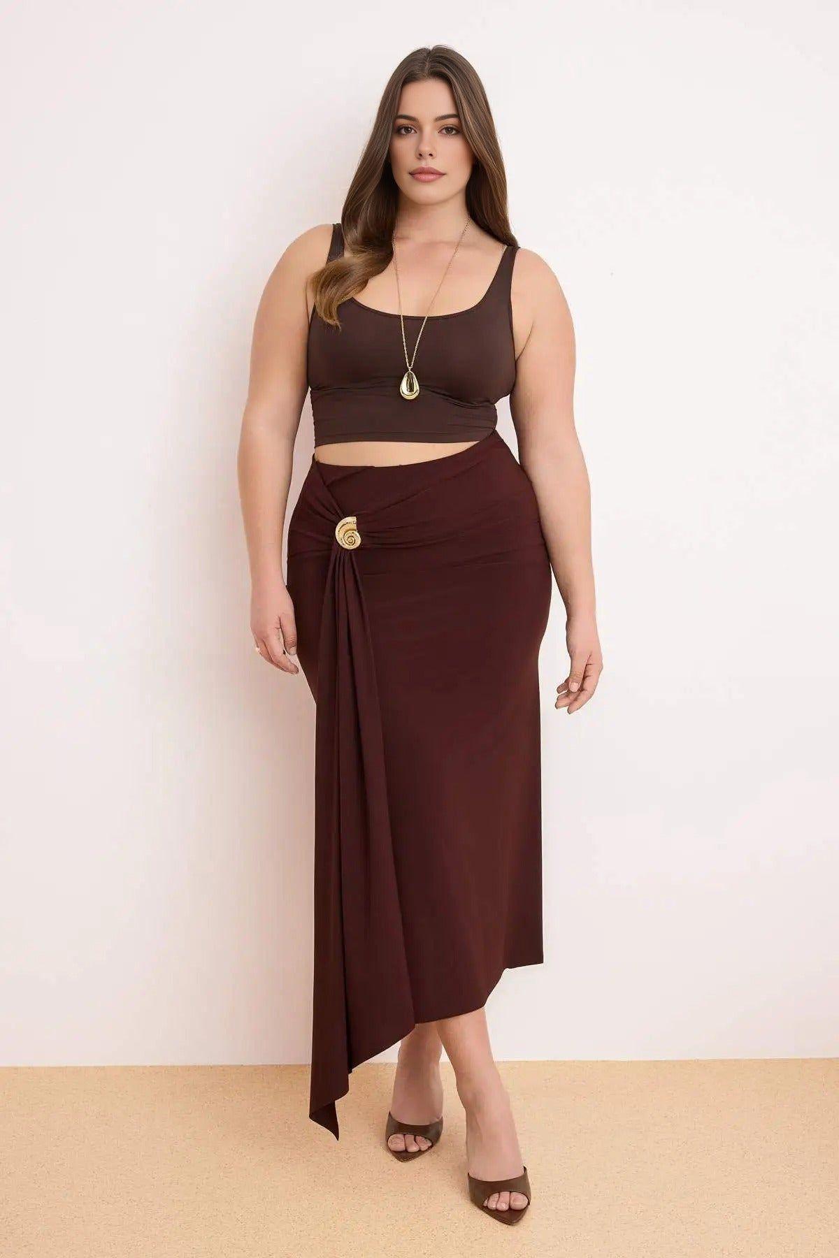 High Waist Wrap Detail Midi Skirt with Draped Front Design by WOVCOR