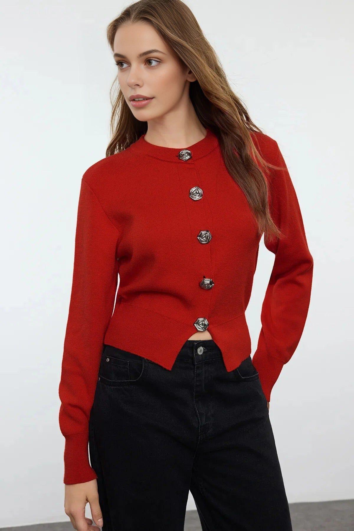 Knit Cardigan With Rose Button Detail by WOVCOR