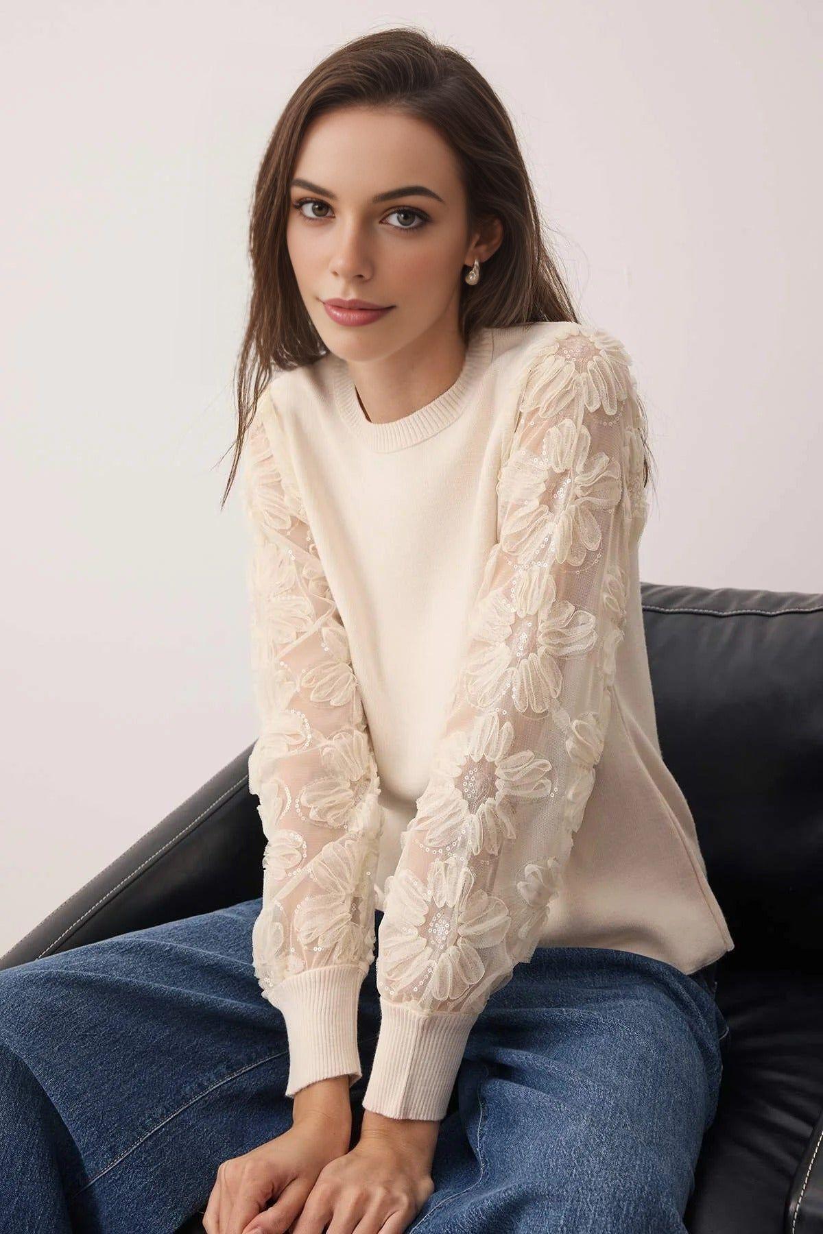Knitted Crew-Neck Sweater With Sheer Tulle Floral Sleeves by WOVCOR