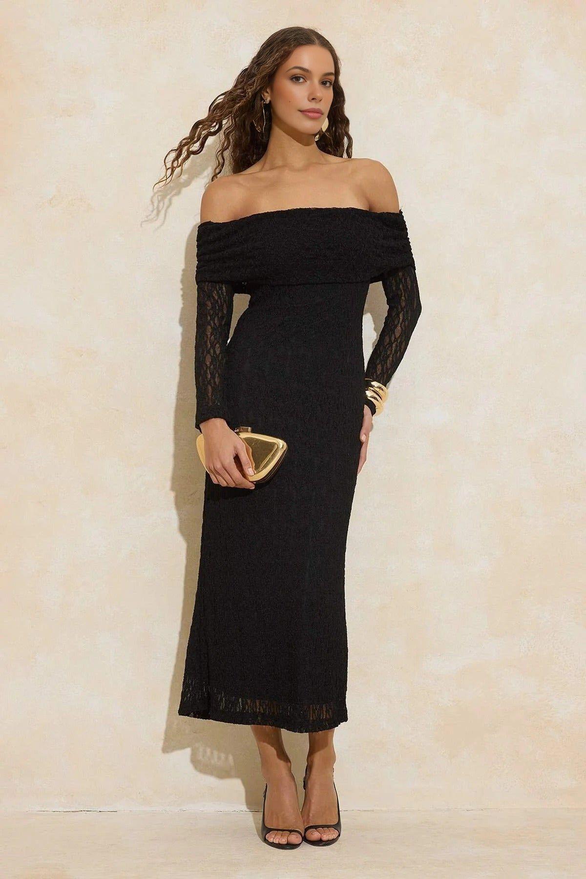 Lace Bardot Long Sleeve Midi Dress by WOVCOR
