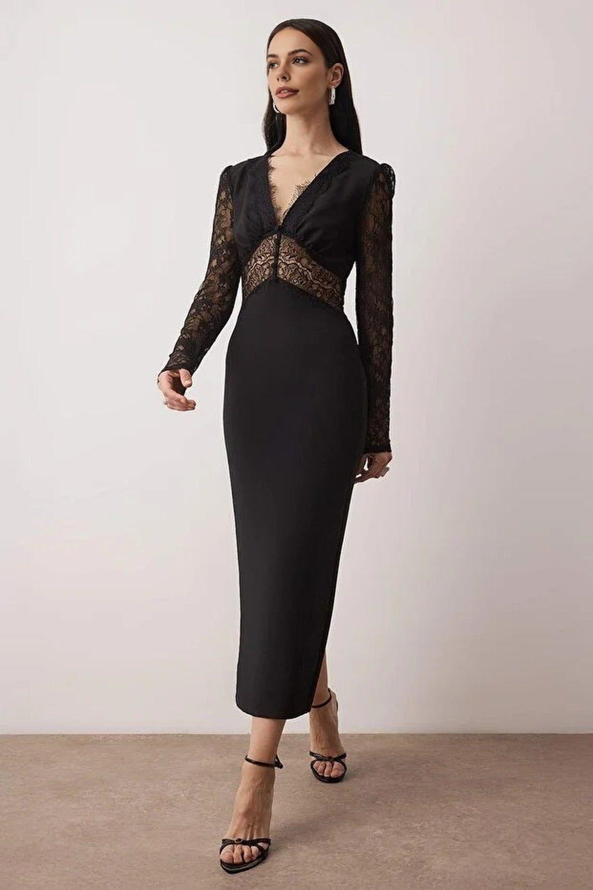 Lace Panel Woven Midi Evening Dress with Plunge Neckline by WOVCOR