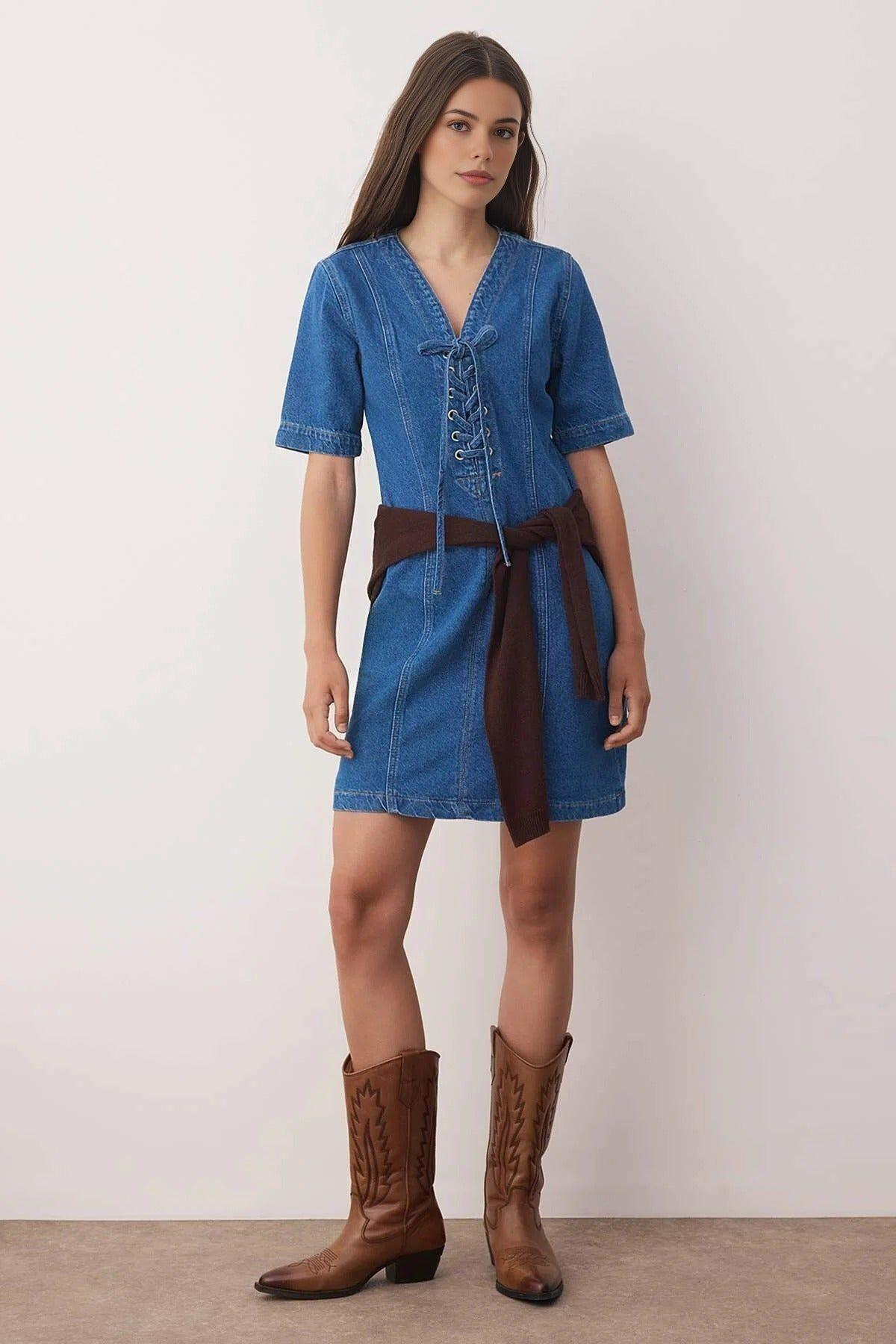 Lace-Up Eyelet Detail Mini Denim Dress by WOVCOR