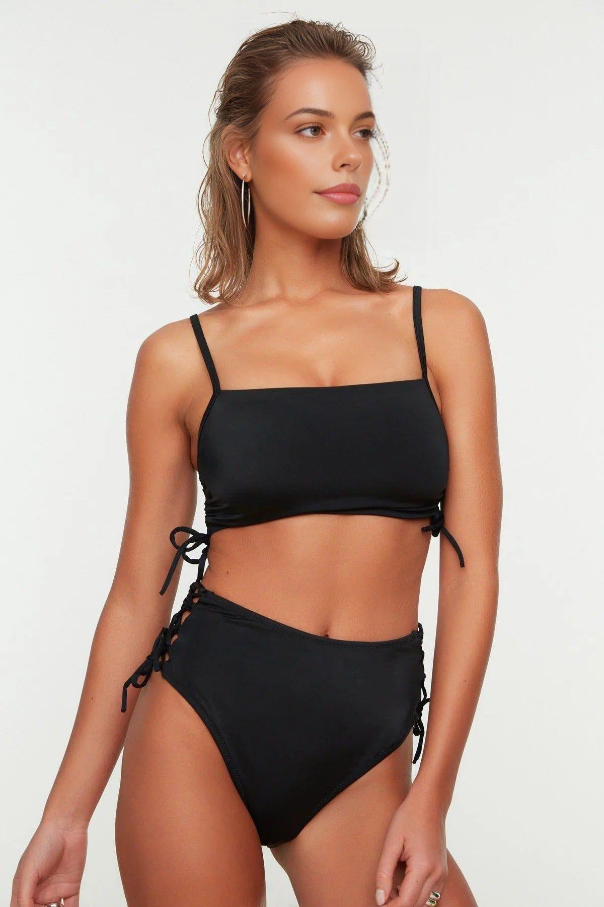 Lace Up Side High Waist Bikini Bottom with Adjustable Tie Detail by WOVCOR