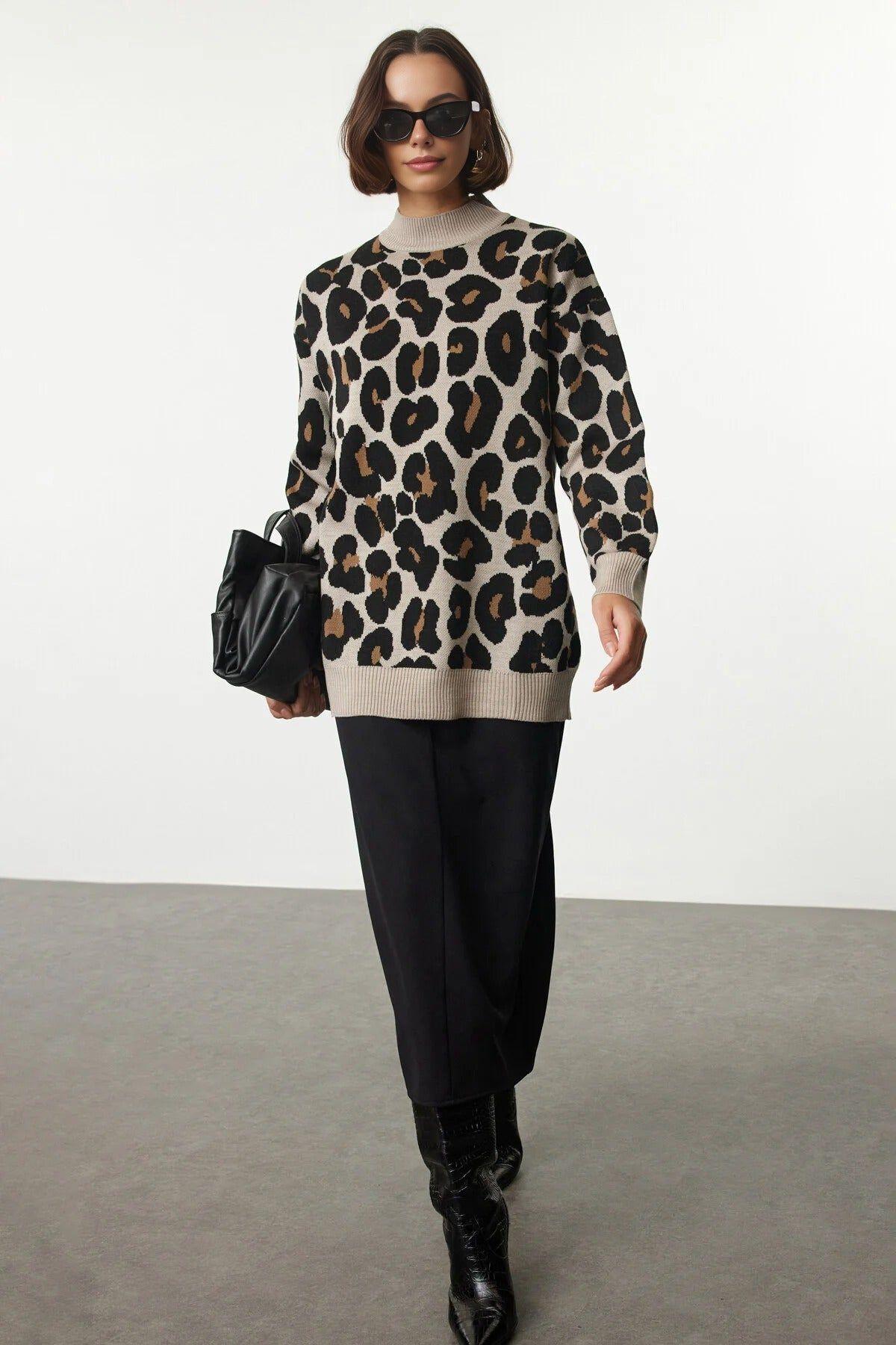 Leopard Print High Neck Knitted Sweater by WOVCOR
