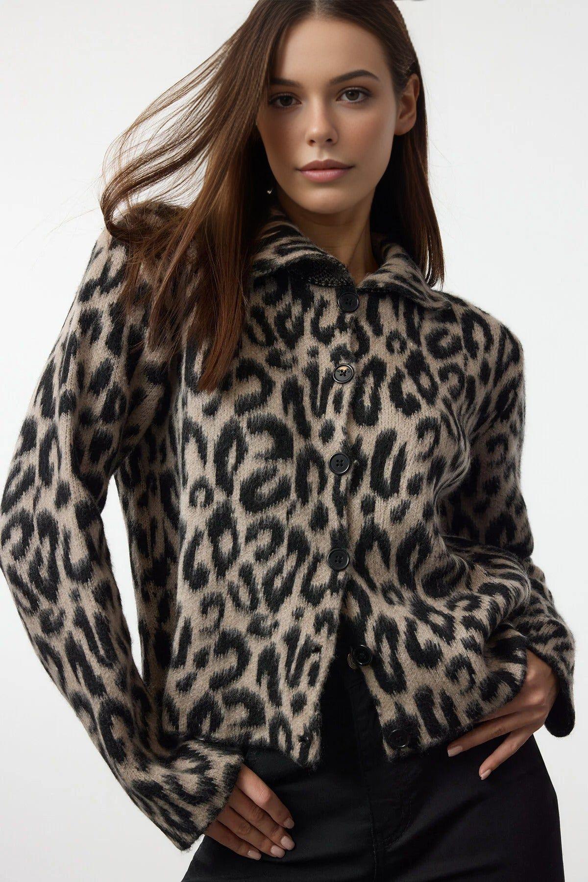 Leopard Print Knit Cardigan With Button Detail by WOVCOR