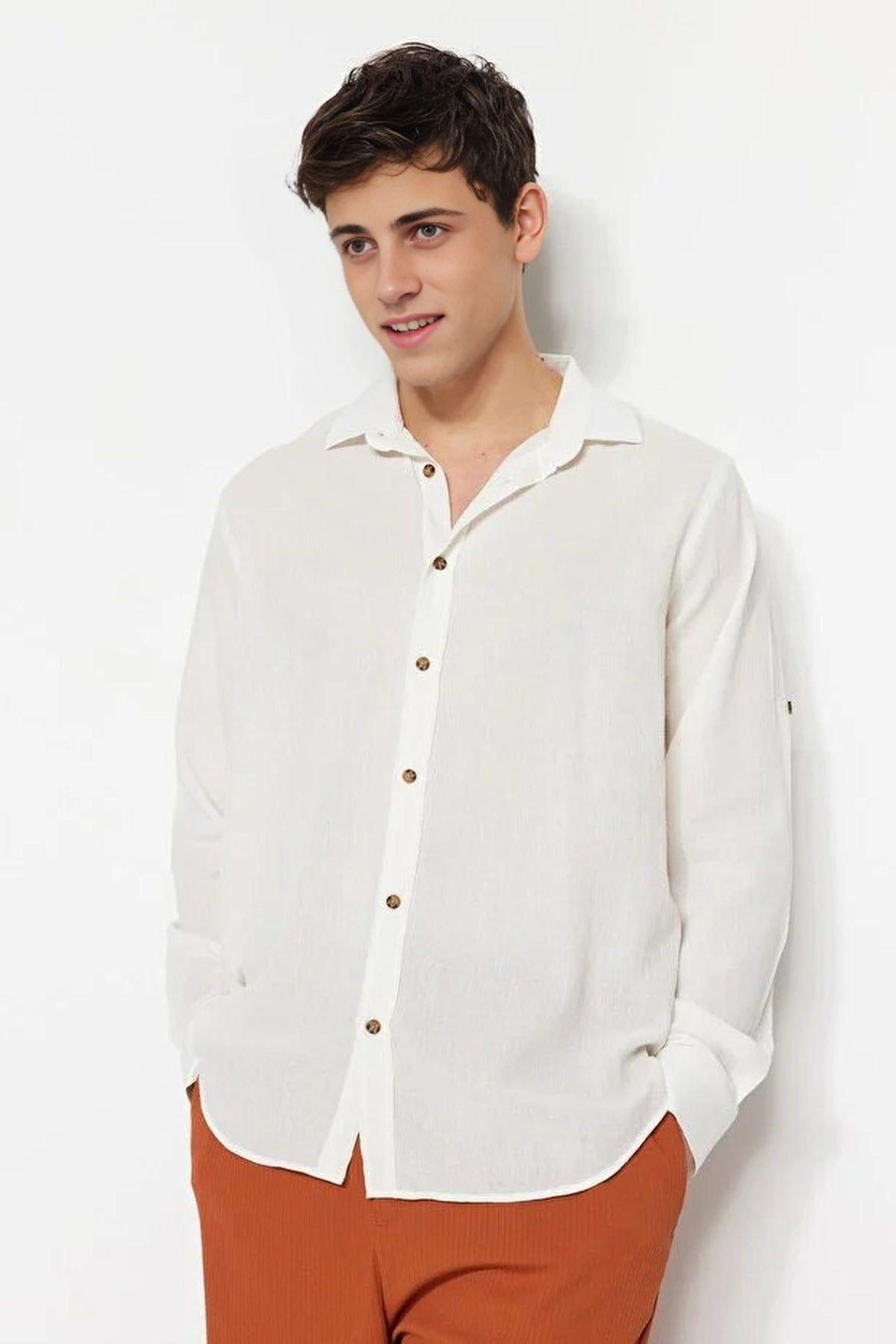 Linen-Look Long Sleeve Shirt with Roll-Up Sleeves by WOVCOR