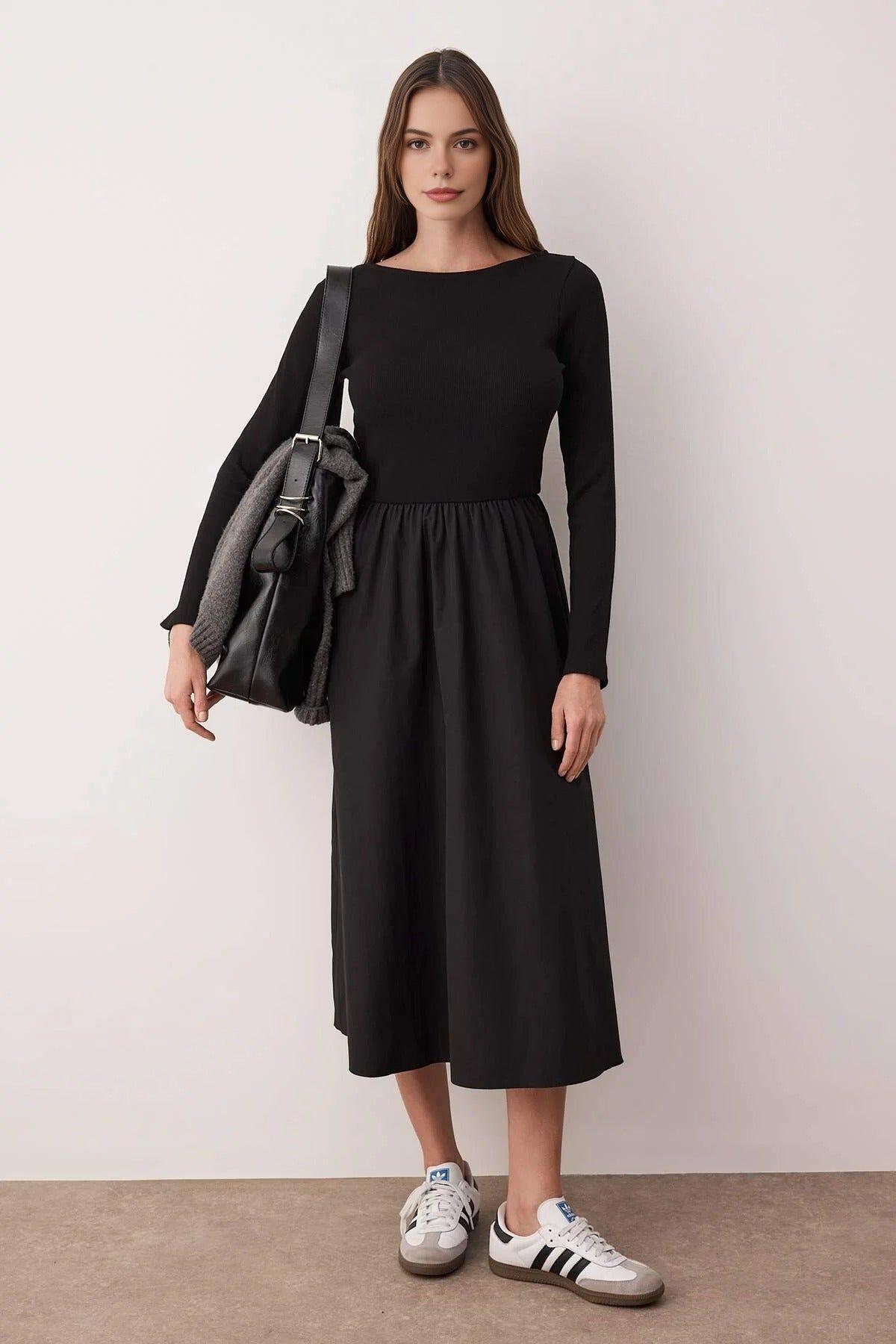 Long Sleeve Maxi Woven Dress with Gathered Waist by WOVCOR