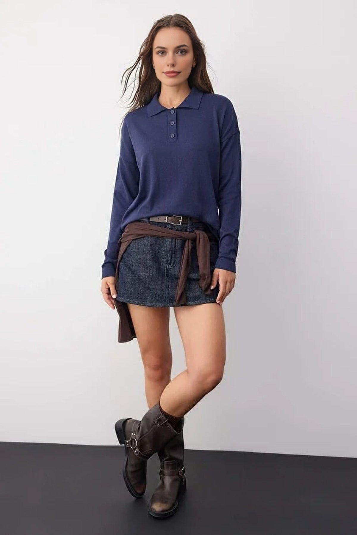 Loose Fit Long Sleeve Knit Sweater with Polo Collar by WOVCOR