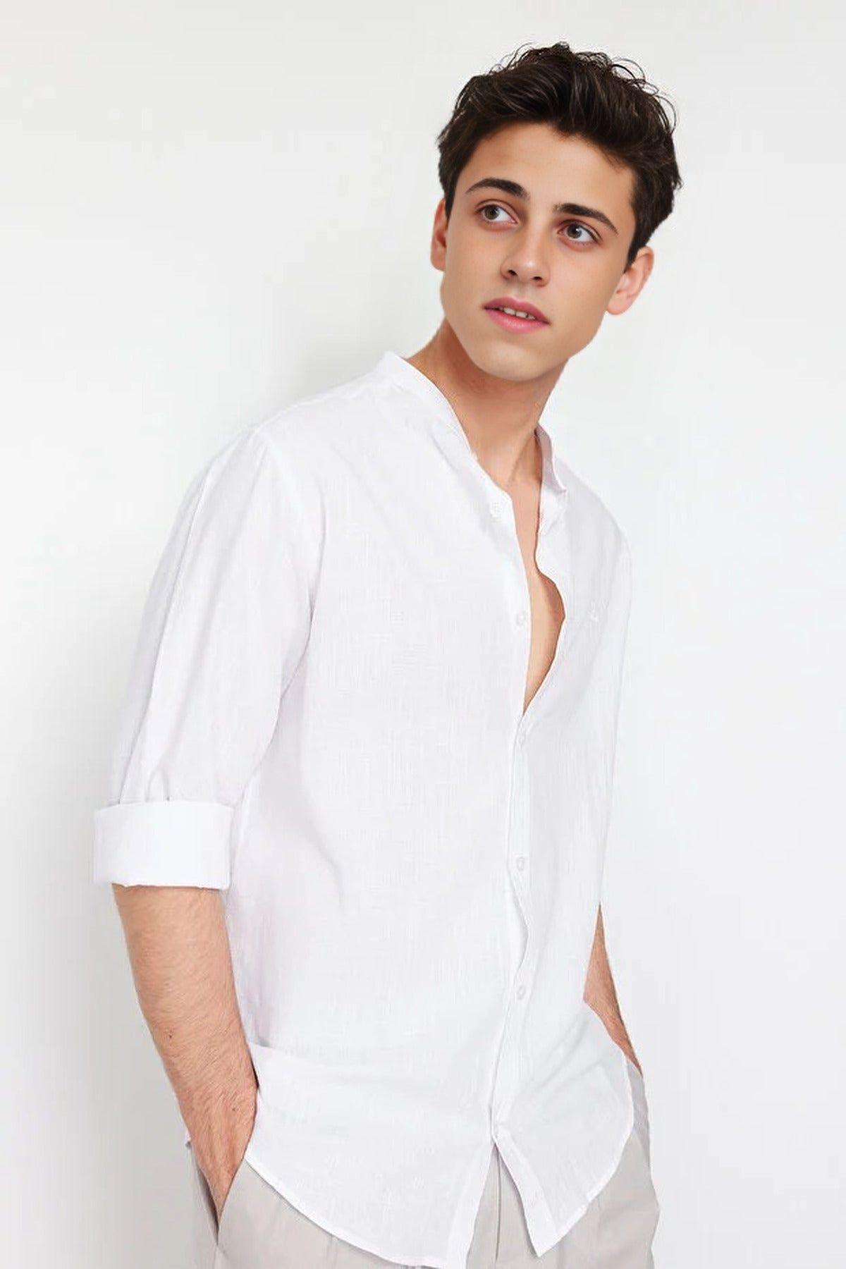 Men's 100% Cotton Grandad Collar Shirt with Subtle Embroidery by WOVCOR