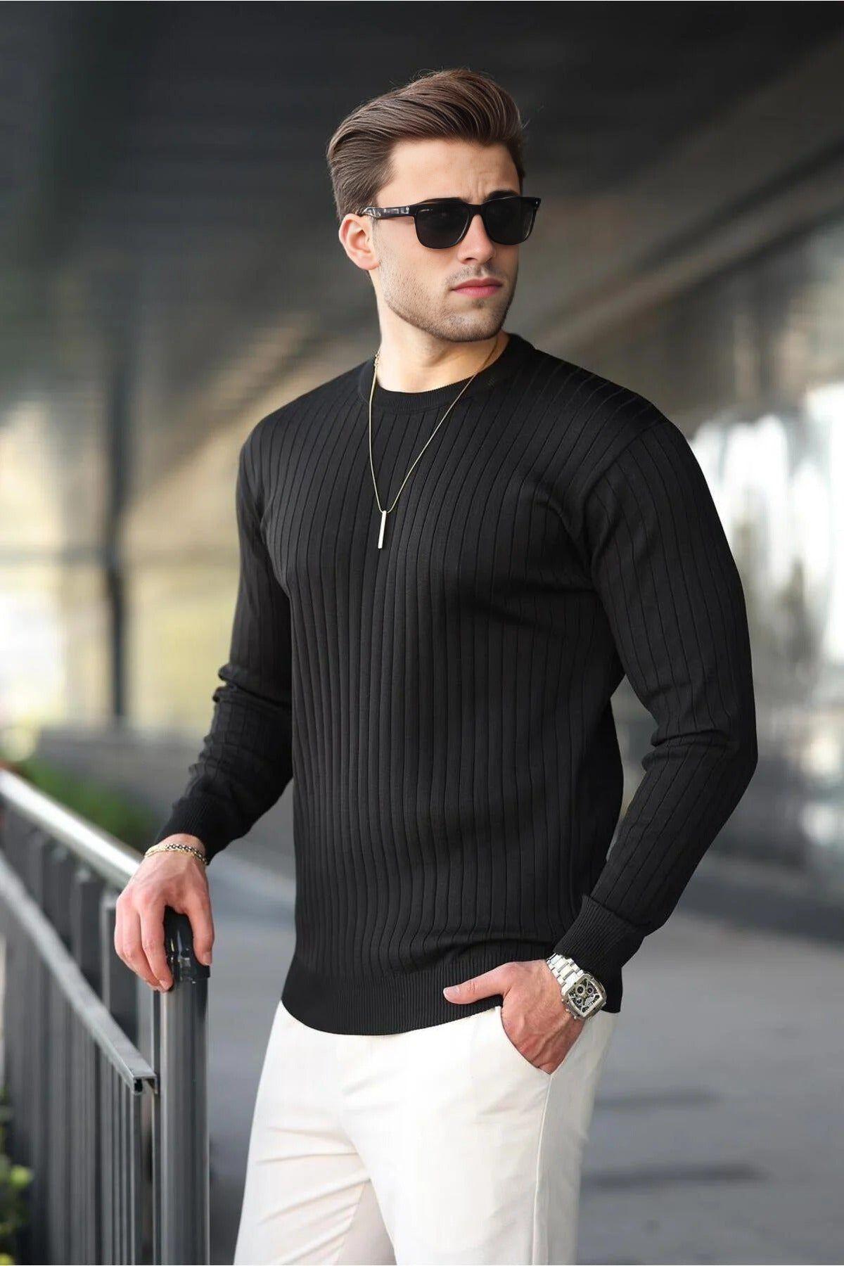 Men's Crew Neck Vertical Striped Long Sleeve Jumper by WOVCOR